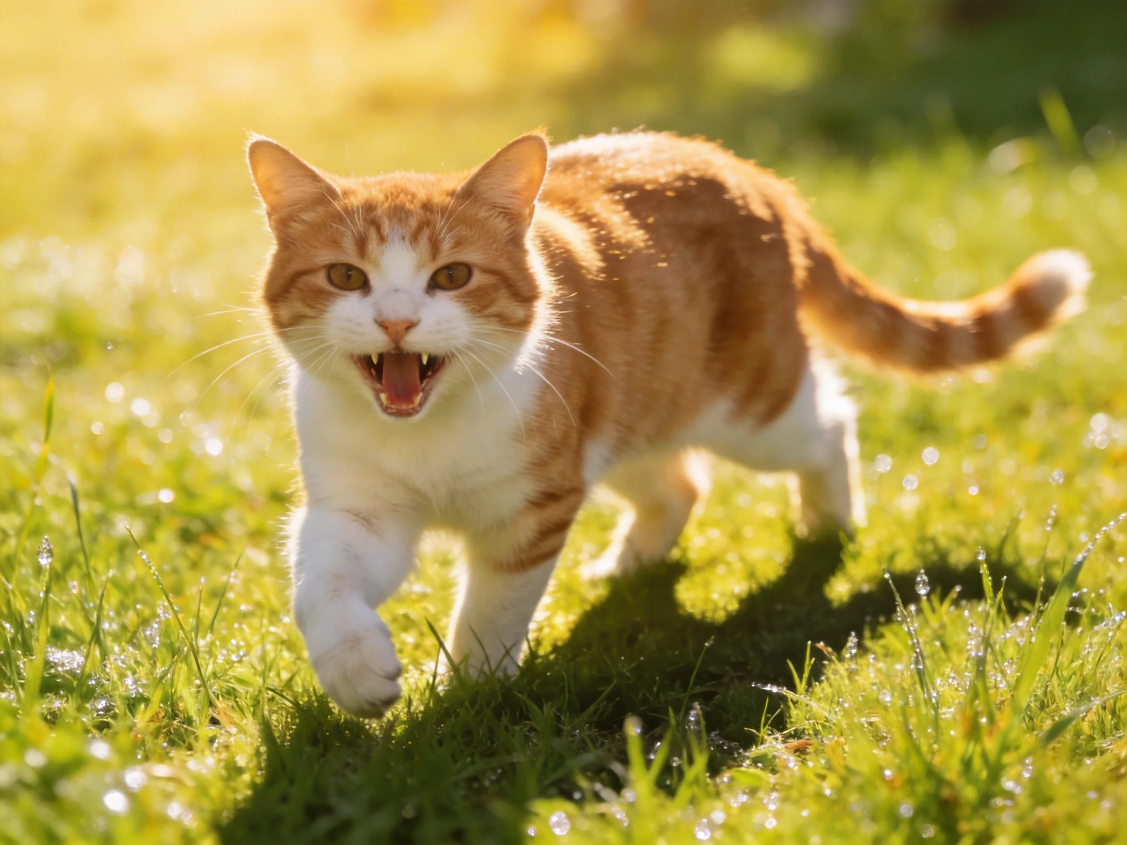 An orange and white cat moves through sunlit green grass.