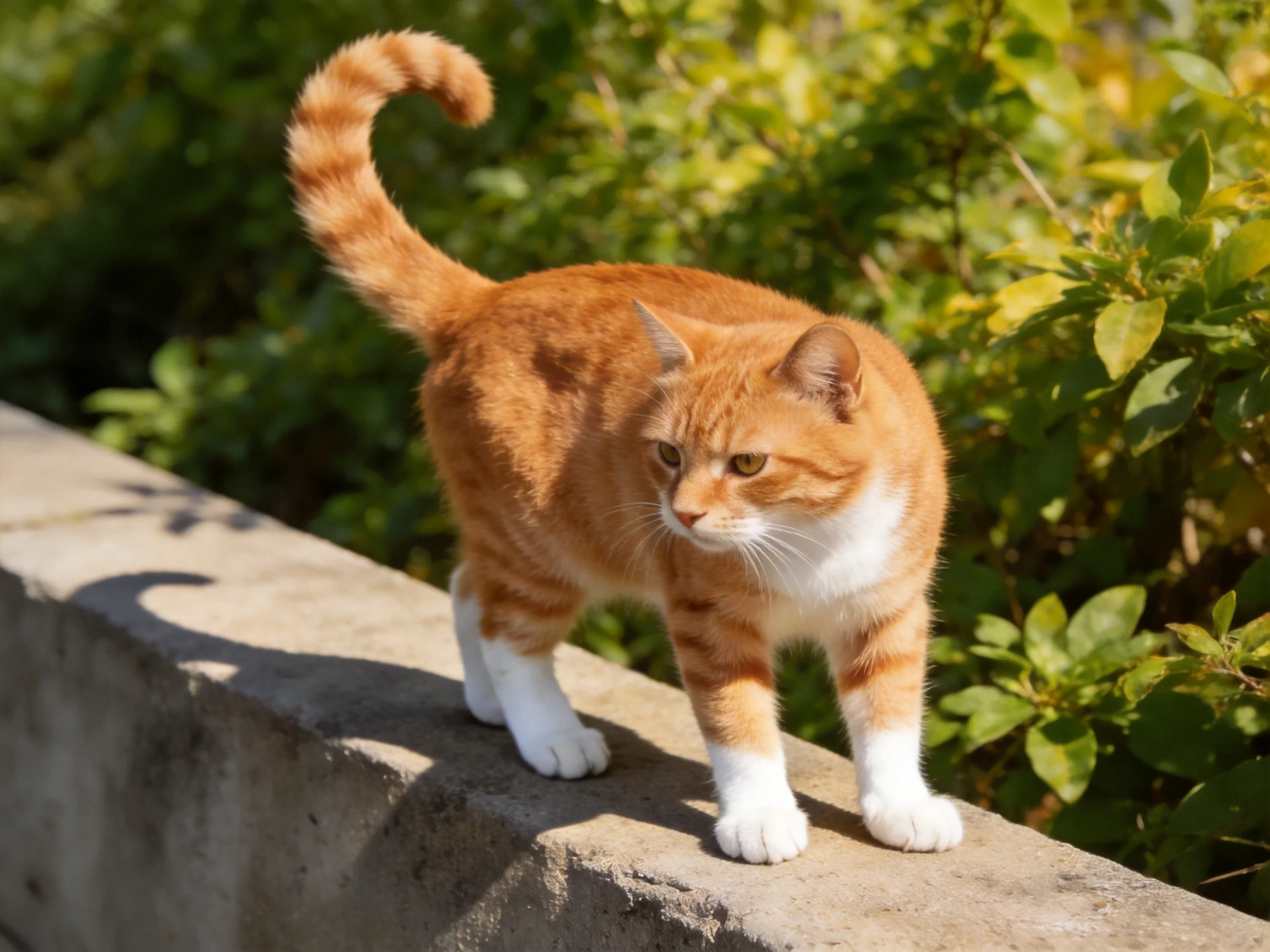An orange and white cat walks along a concrete ledge near lush green foliage