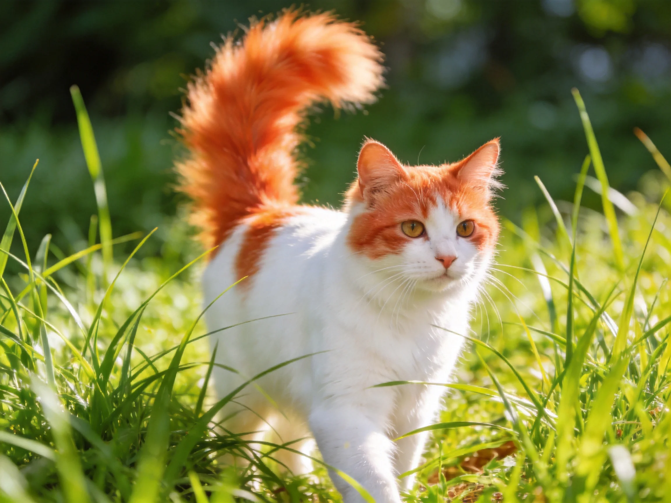 An orange and white cat walks through lush green grass