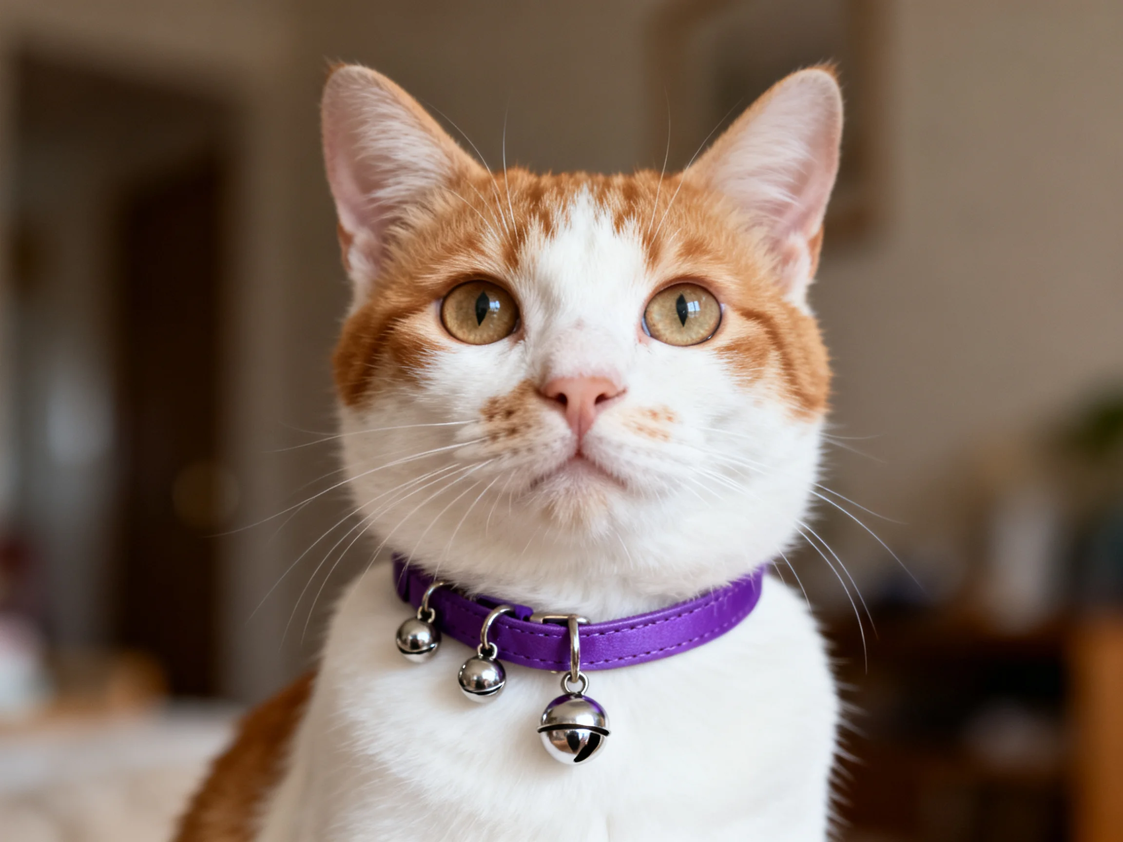 An orange and white cat with a purple bell collar indoors