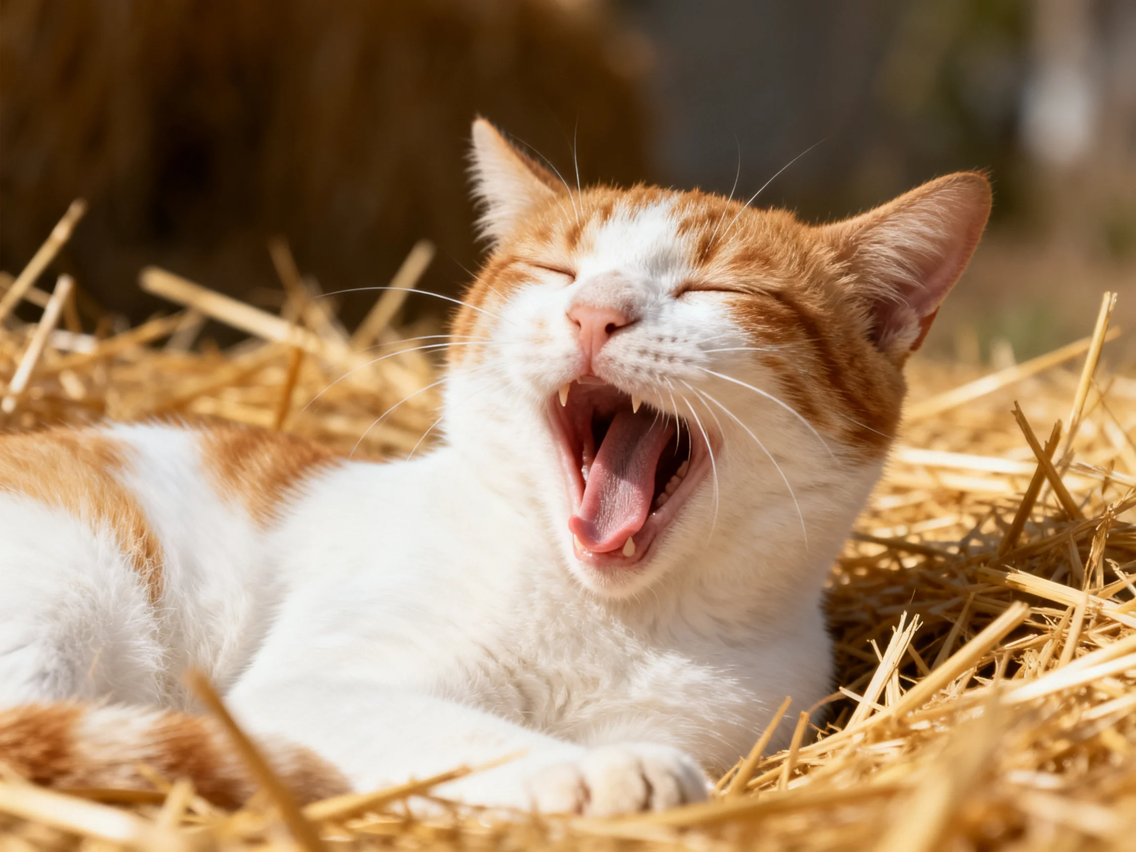 A cat yawns happily while resting on hay in bright daylight.