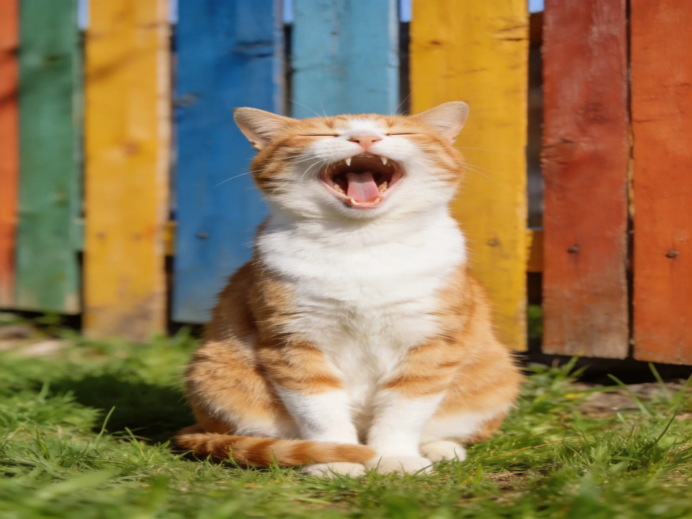 An orange and white cat yawns happily by a colorful wooden fence.