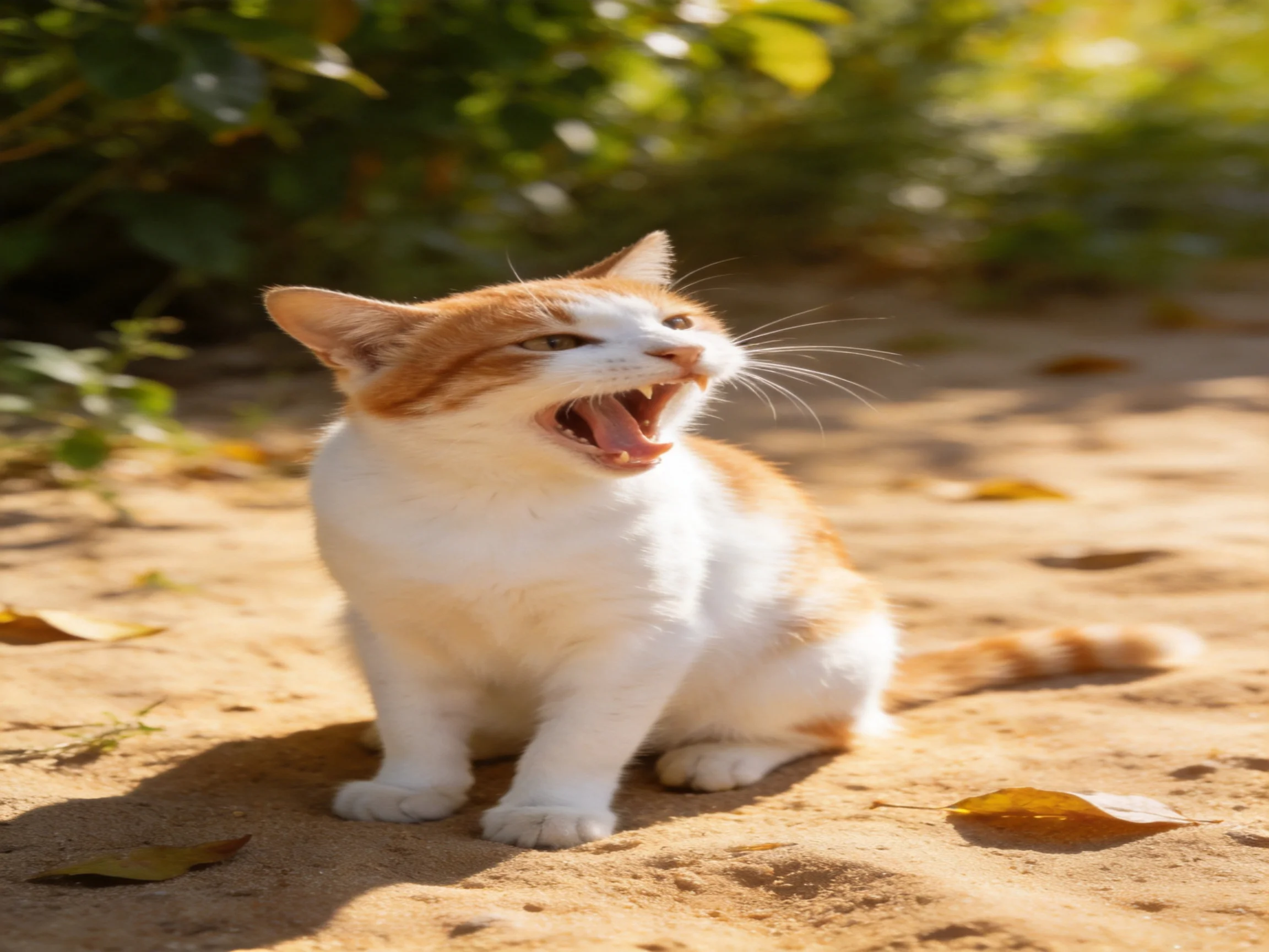 A small orange and white cat yawns on a sunlit sandy path with greenery behind