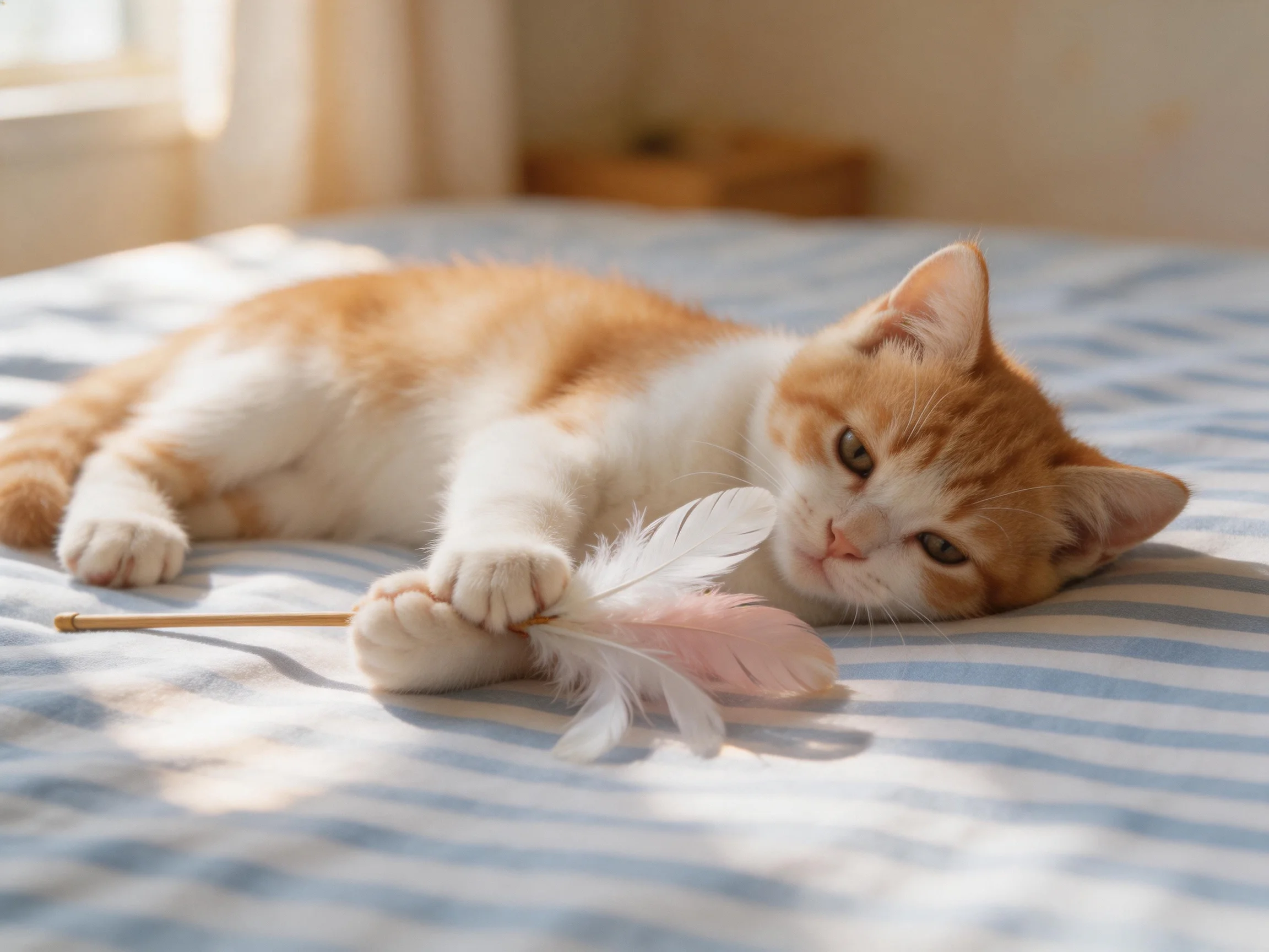 An orange and white kitten plays with feathers on a striped bedspread.