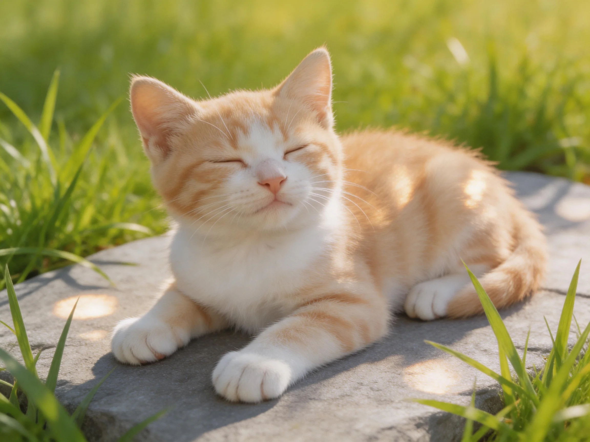 An orange and white kitten relaxes on a stone amidst lush green grass