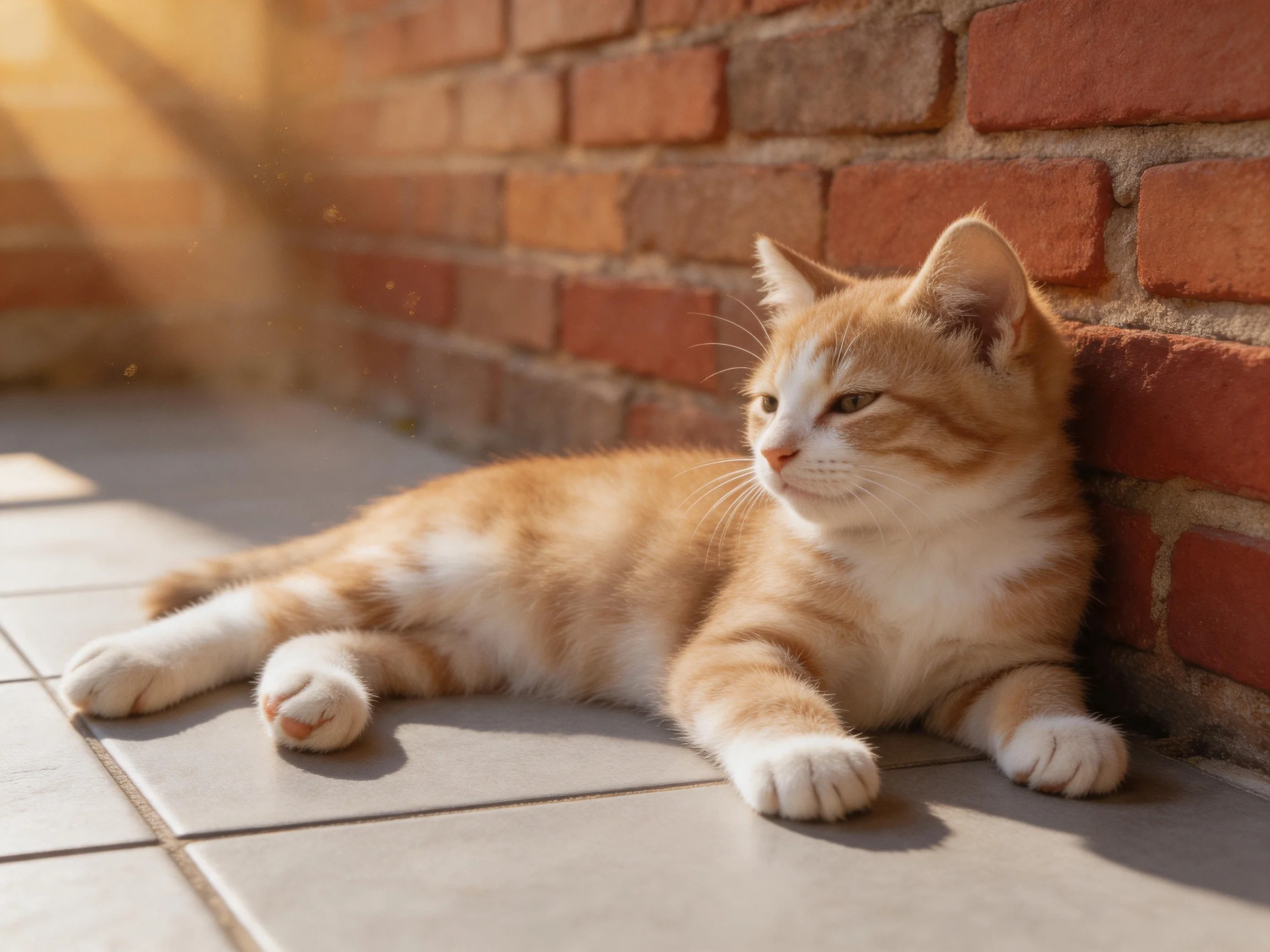 An orange and white kitten rests near a red brick wall on tiled flooring in sunlight.
