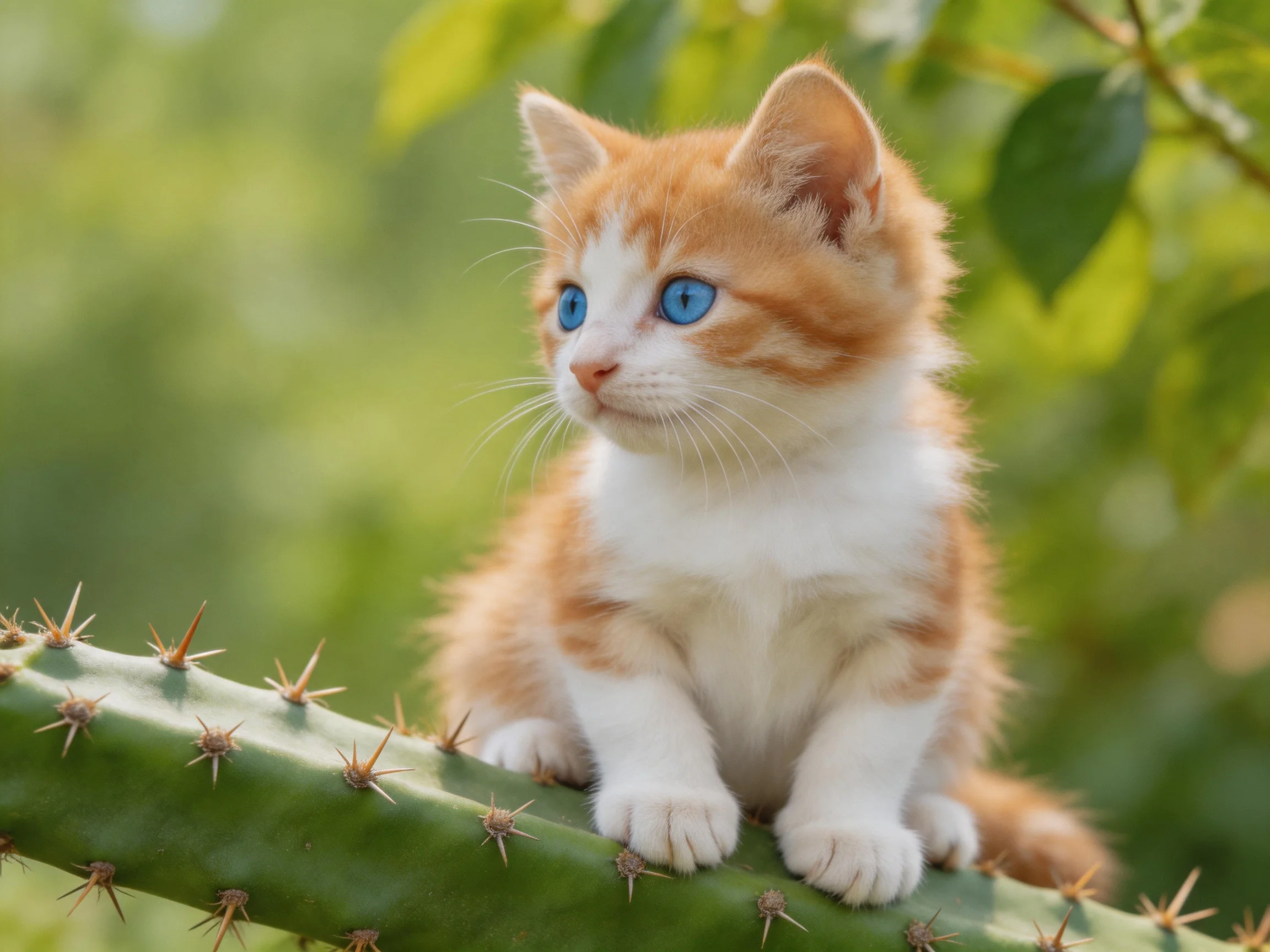 An orange and white kitten rests on a thorny cactus branch surrounded by greenery.