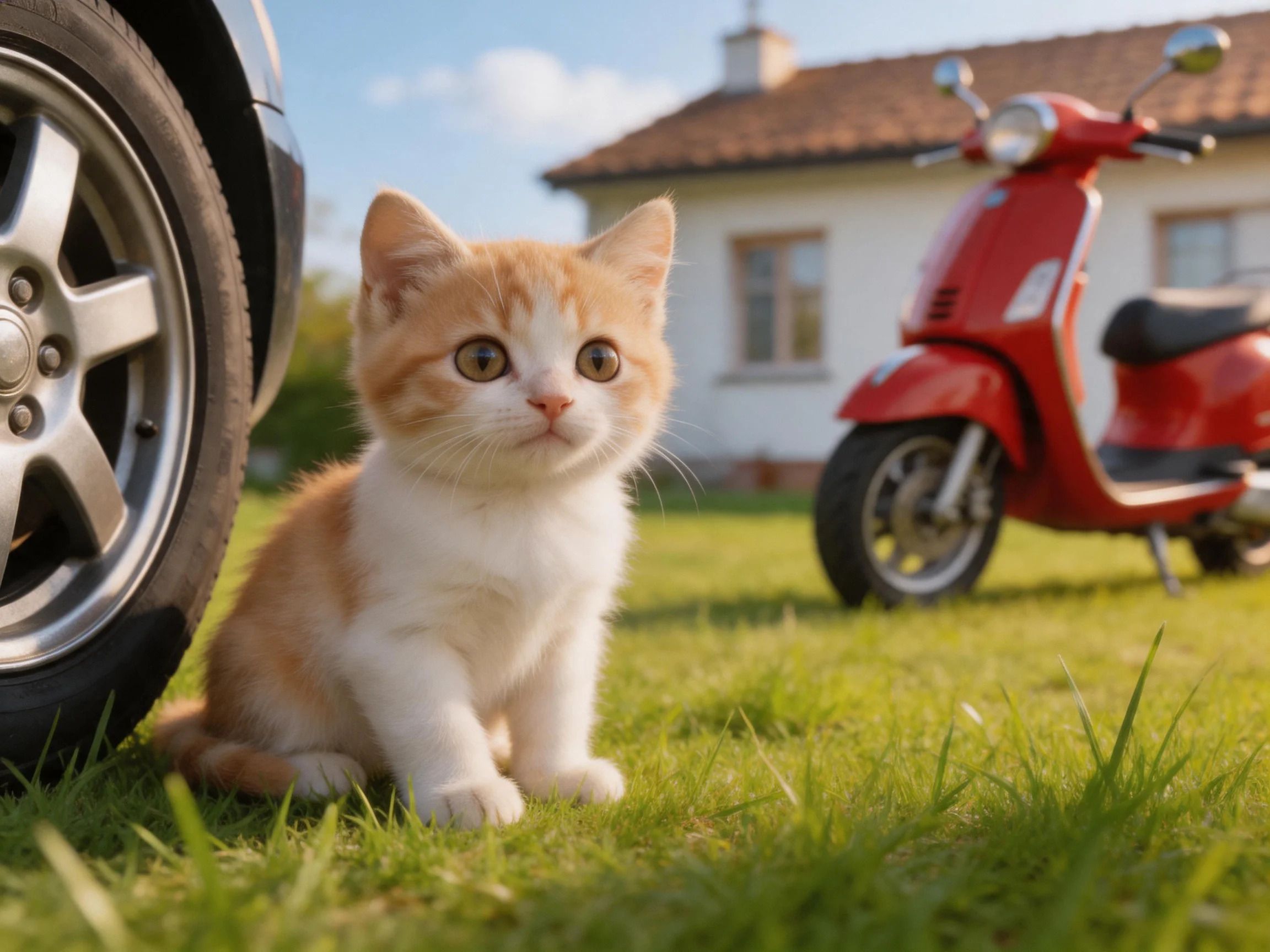An orange-and-white kitten sits on grass near a car tire and red scooter.