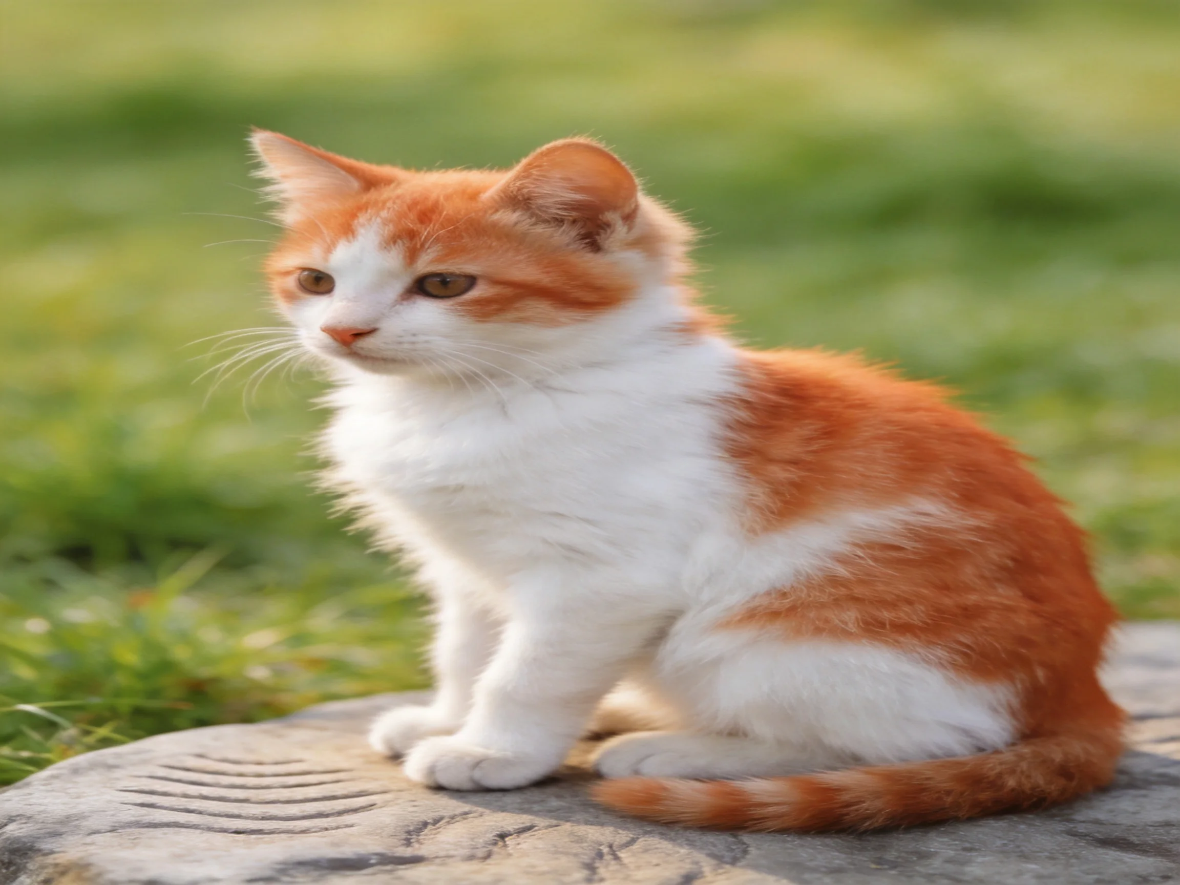 An orange and white kitten sits on a stone slab in a grassy area.