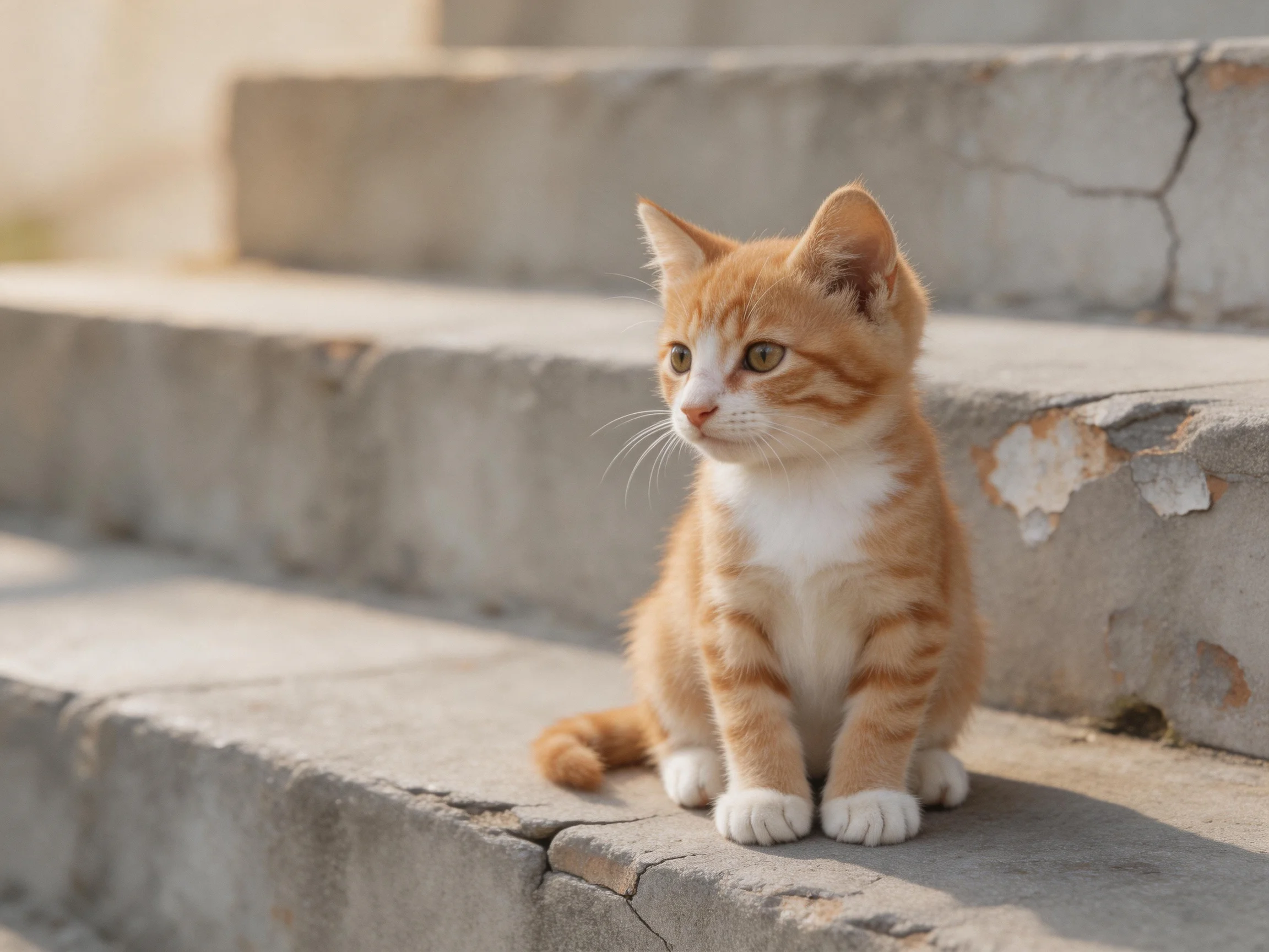 A small orange and white kitten rests on old concrete steps.