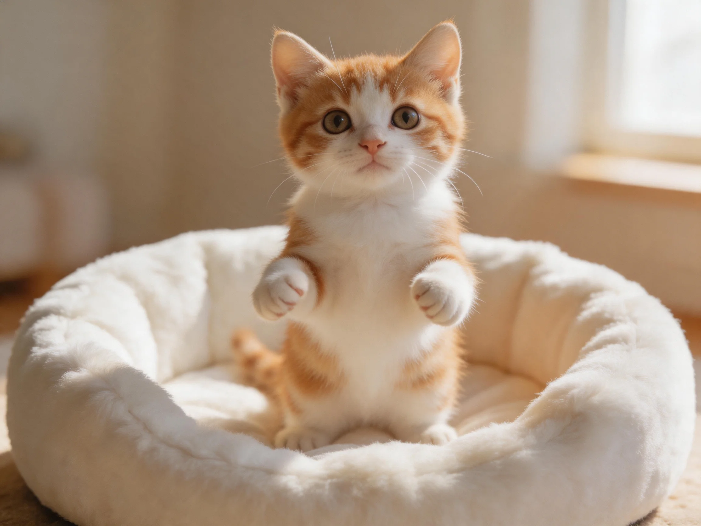 A small orange and white kitten stands in a plush white bed in a sunlit window.