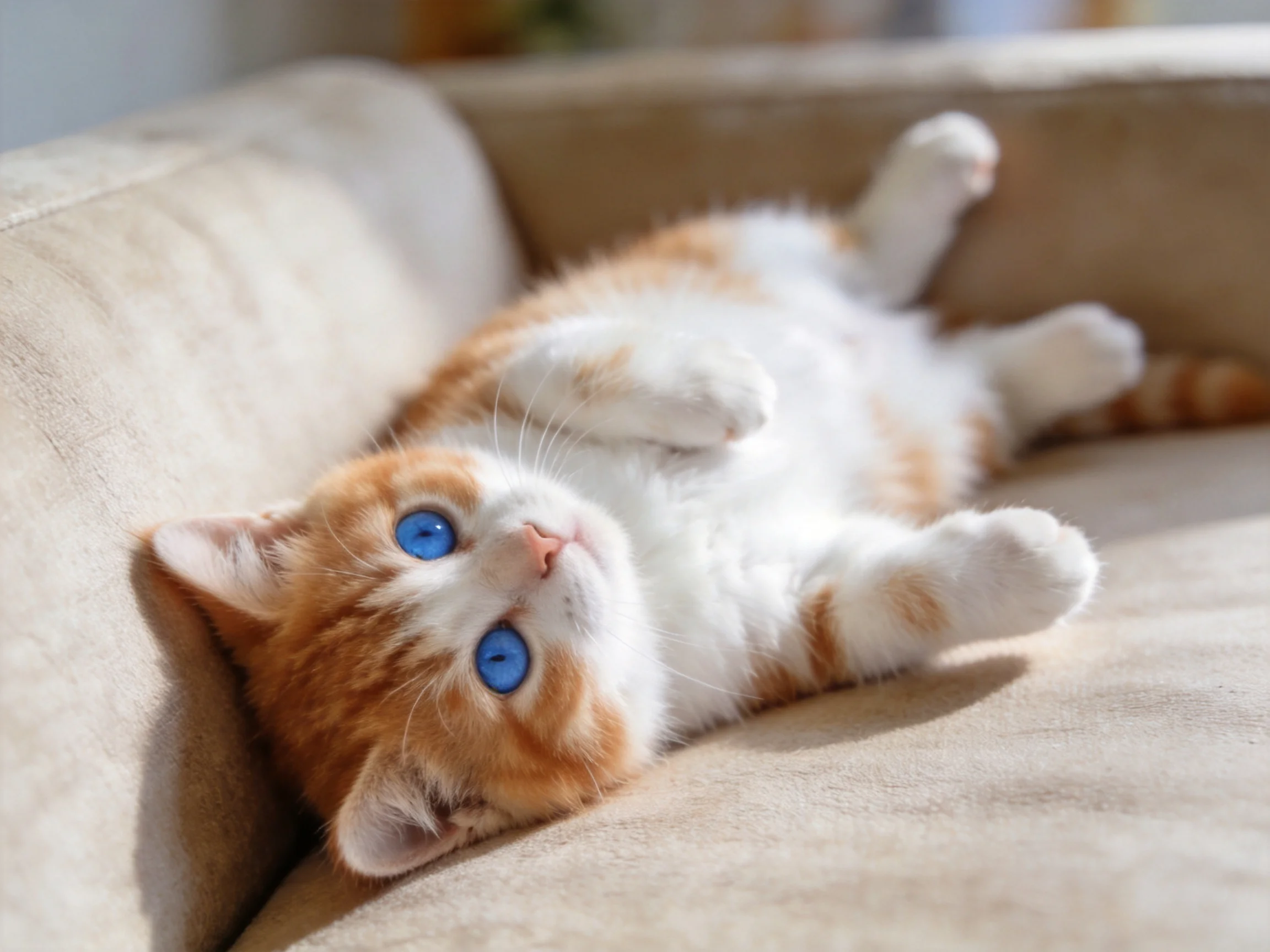 A small orange-and-white kitten with blue eyes relaxes on a beige couch