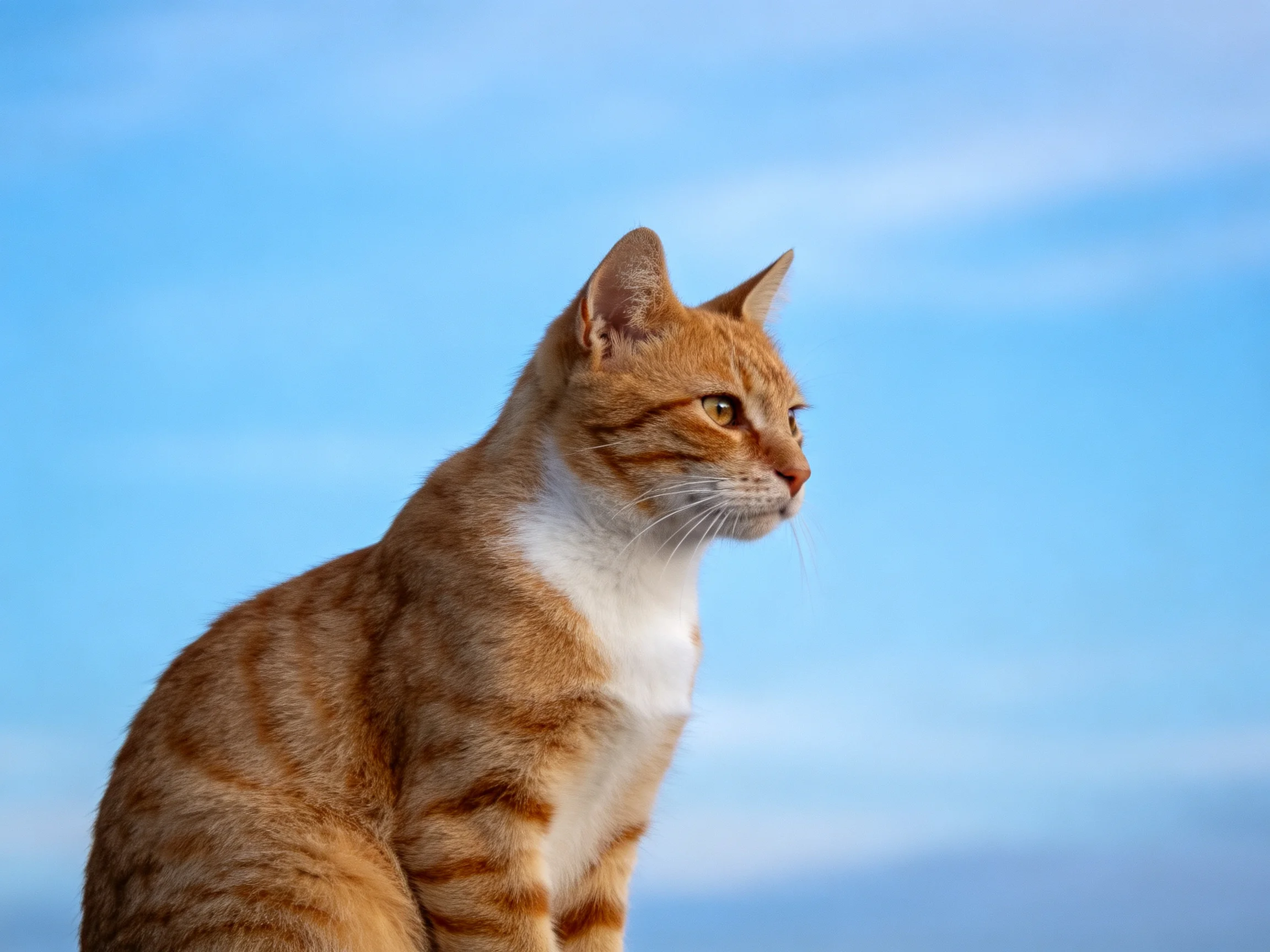 An orange and white tabby cat sits calmly against a clear blue sky.