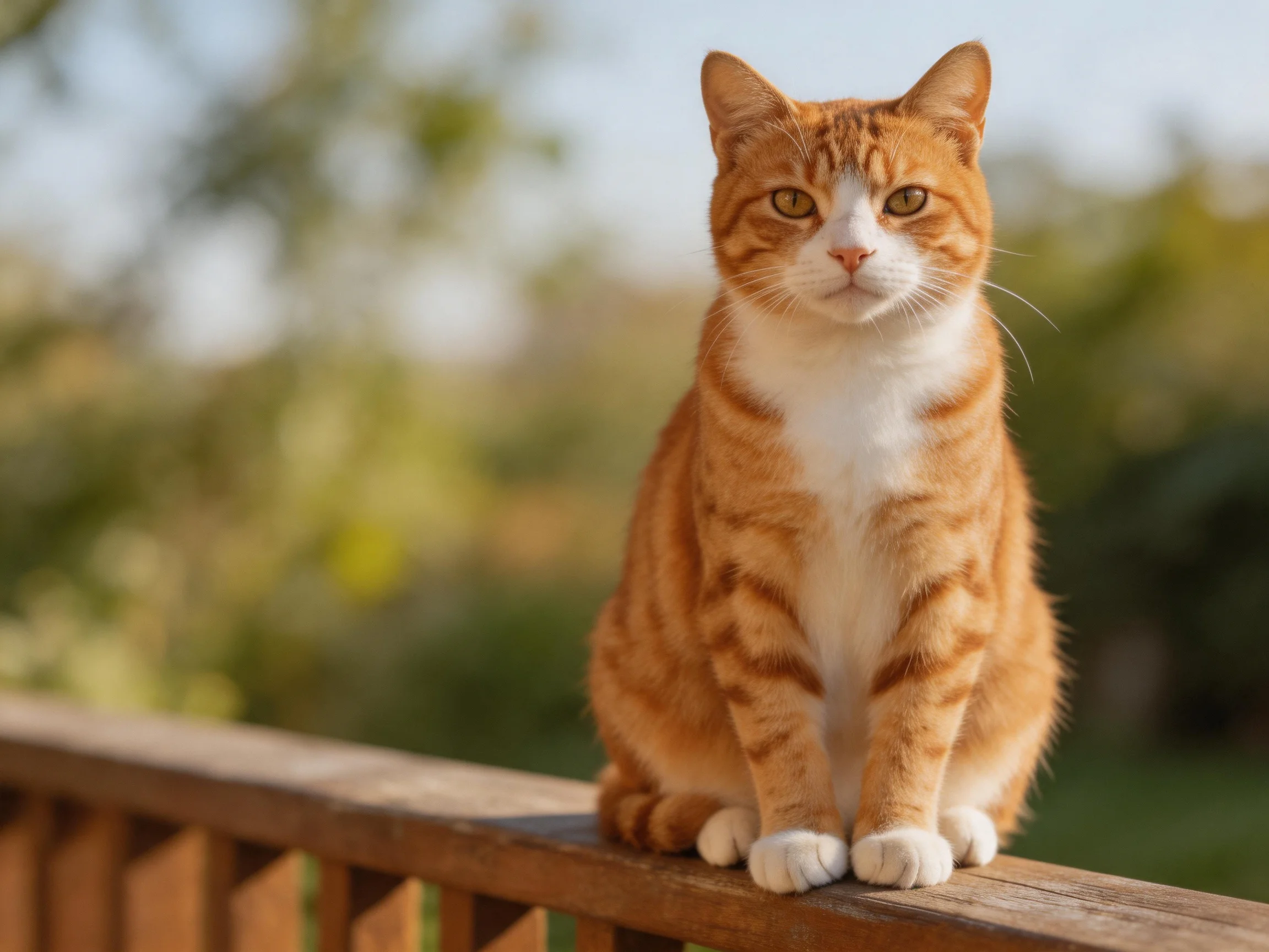 An orange and white tabby cat sits on a wooden railing in a sunlit outdoor setting.