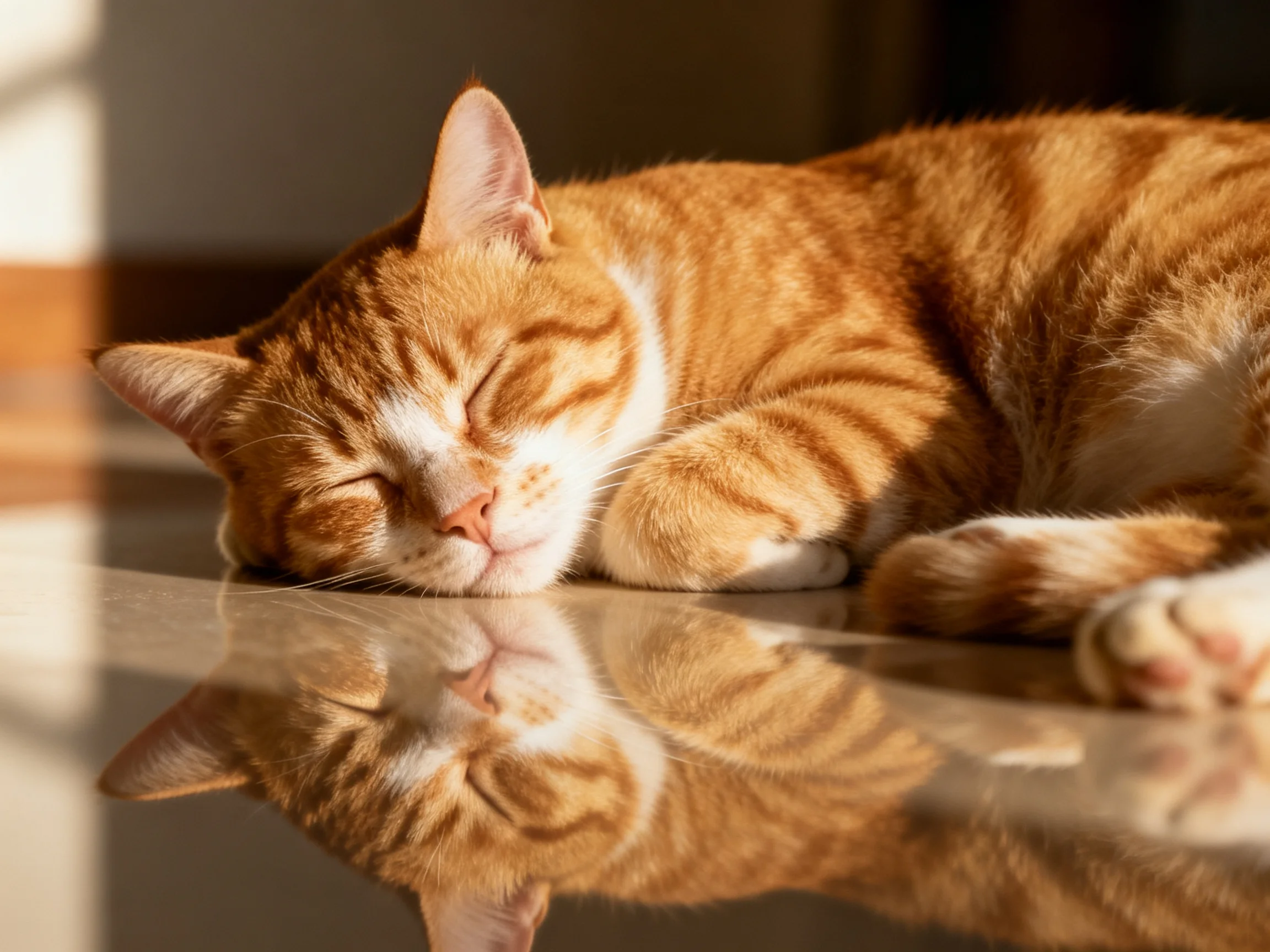 An orange and white tabby cat sleeps on a reflective surface