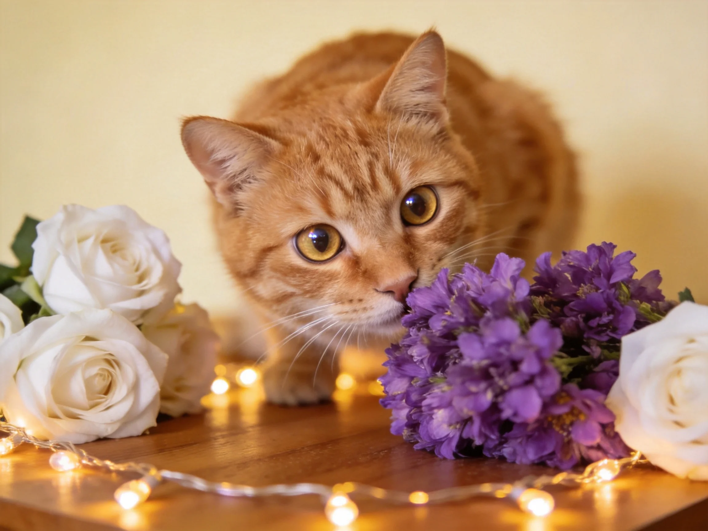 An orange cat explores near white roses, purple flowers, and string lights.