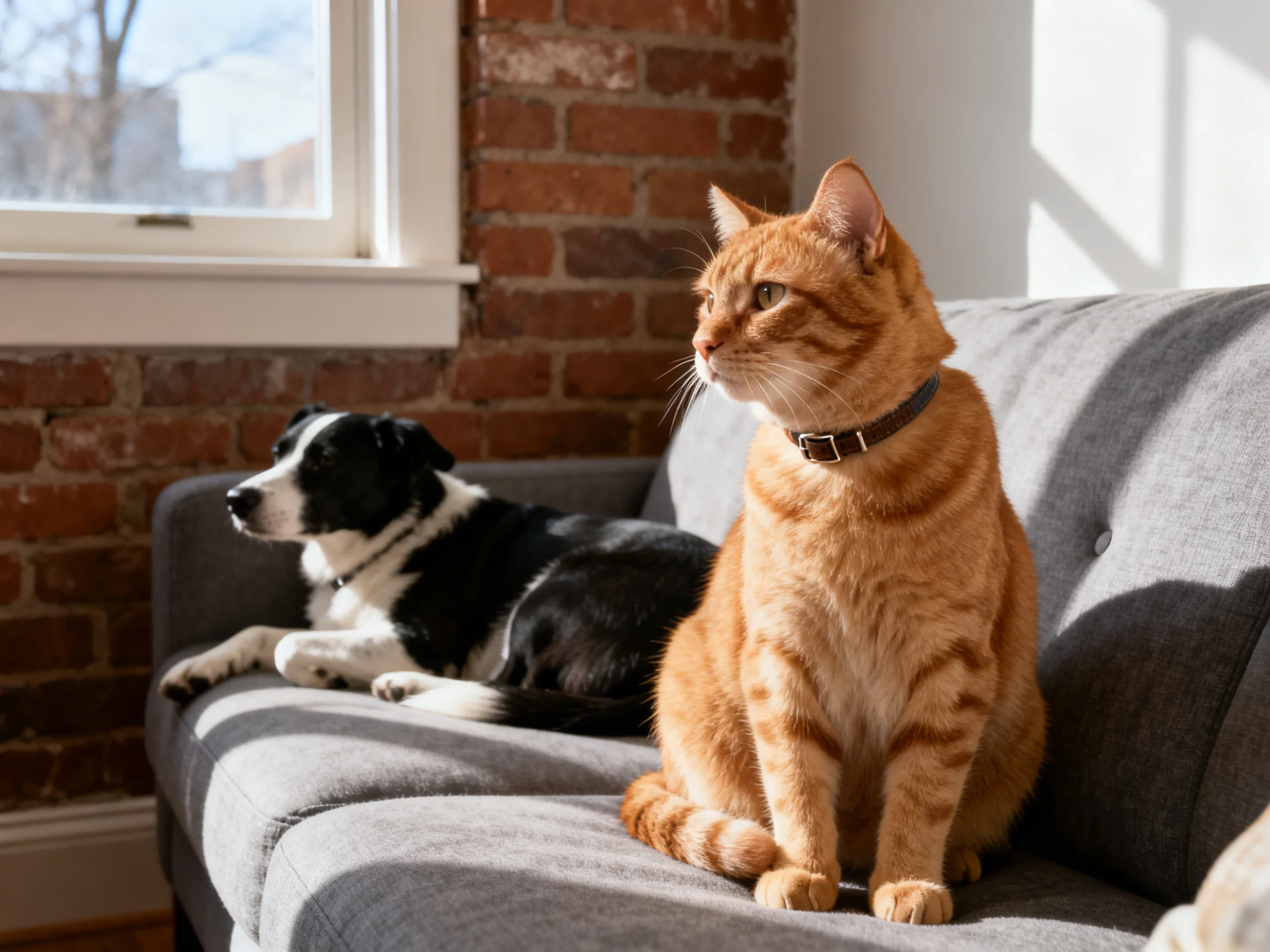 A black - white dog and an orange cat rest together on a gray couch in a room with a brick wall.