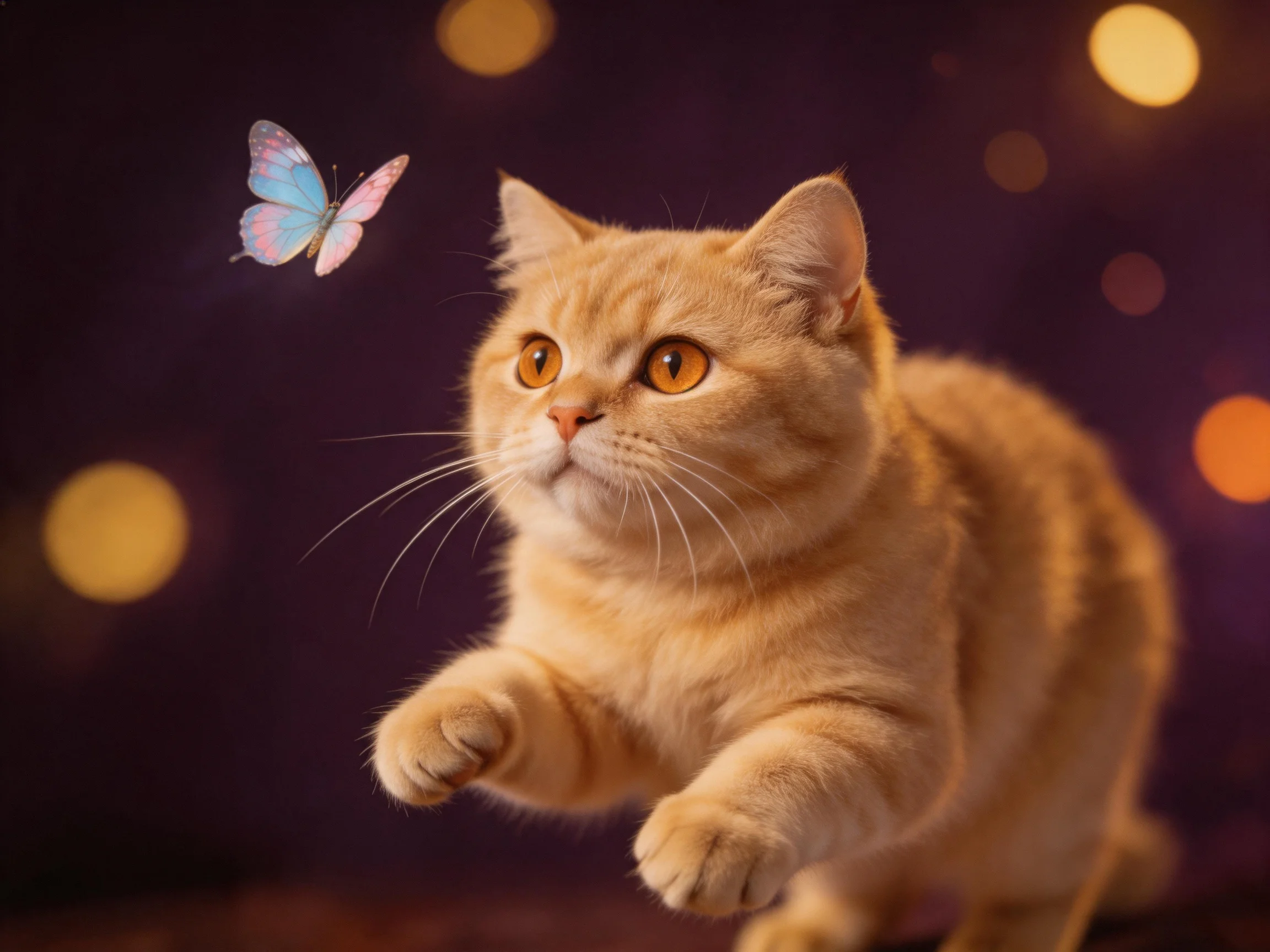 An orange cat chases a pink-blue butterfly with glowing bokeh lights