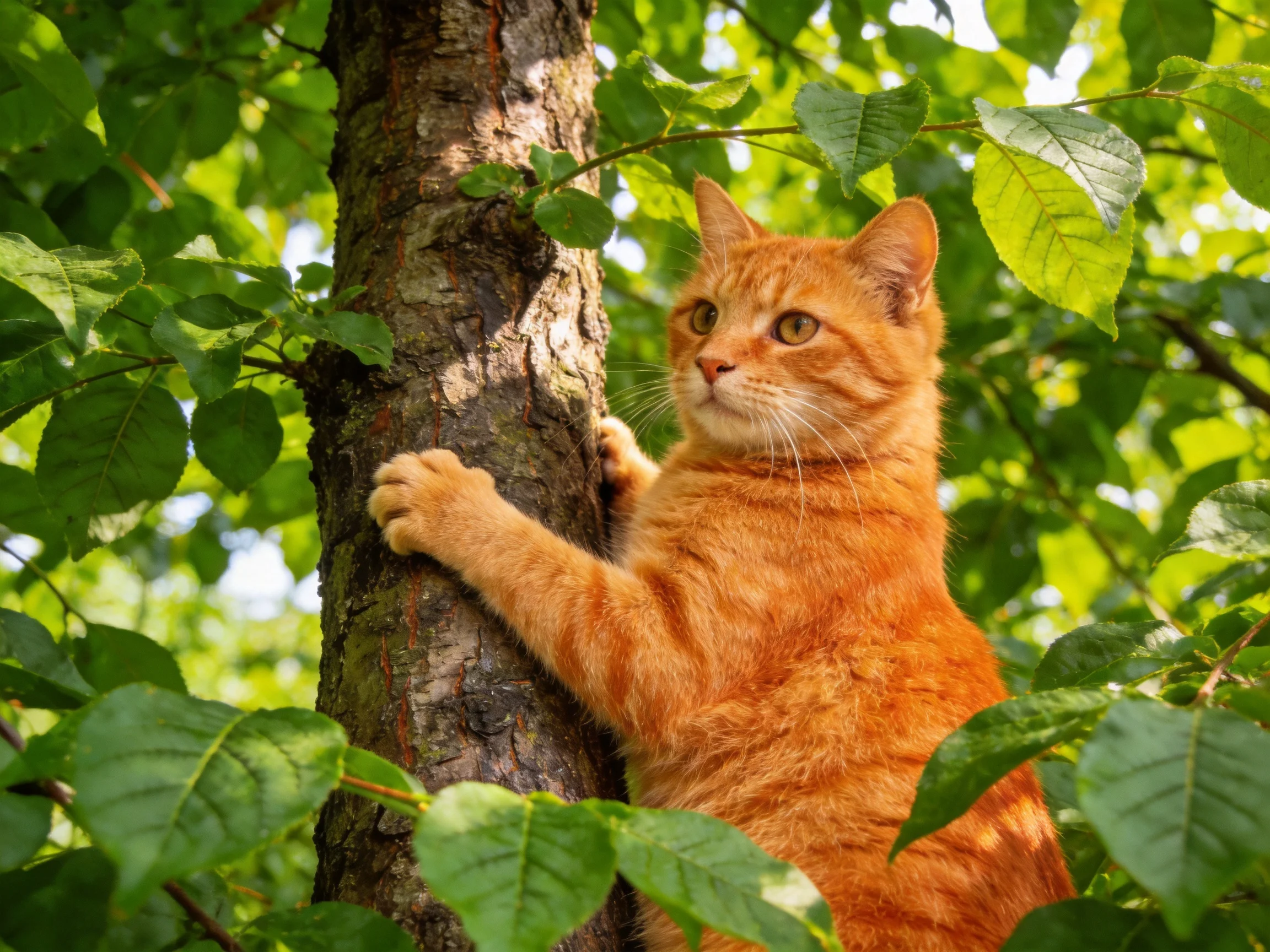 An orange cat climbs a tree with lush green leaves