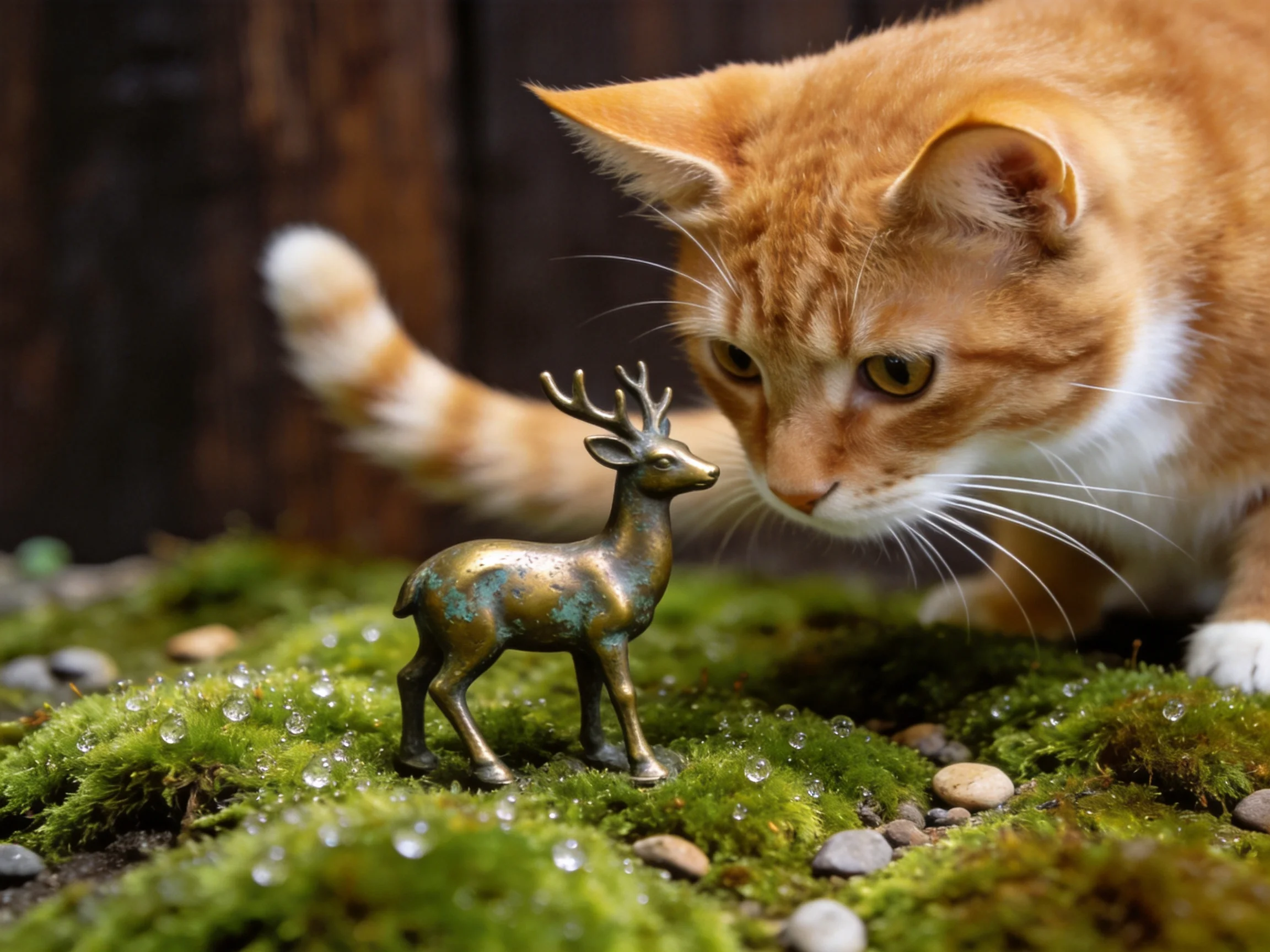An orange cat curiously inspects a small bronze deer figurine on moss