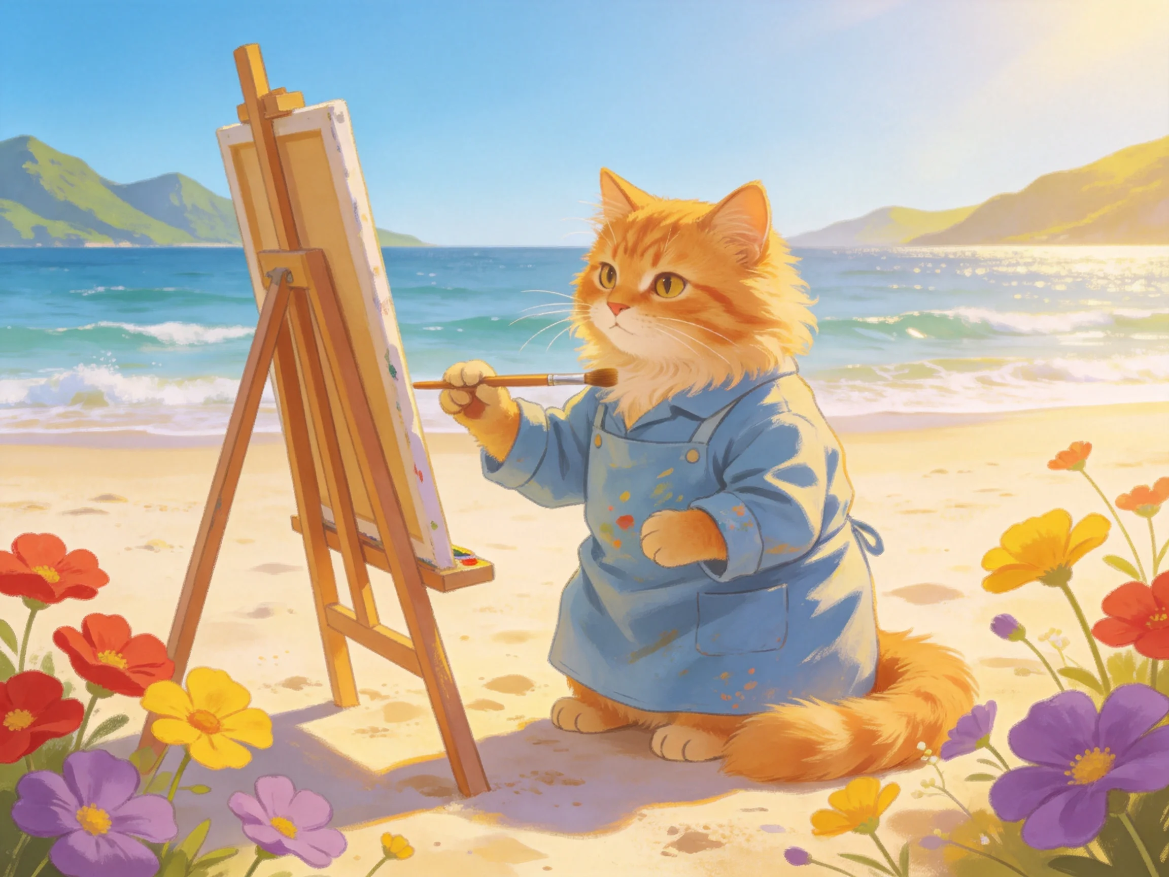 An orange cat in a blue robe paints by the seaside.
