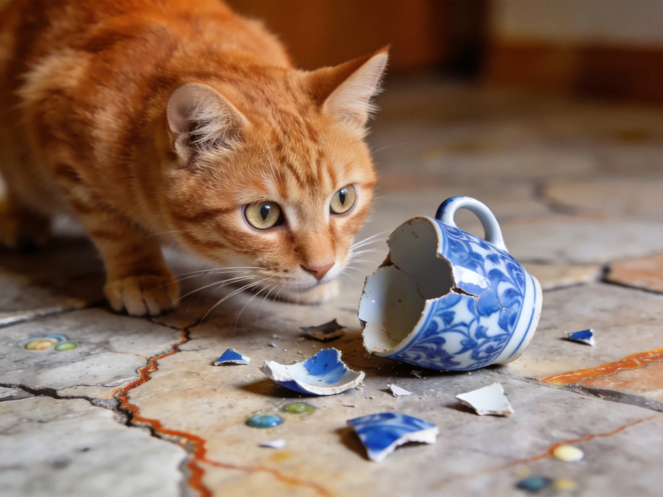 An orange cat inspects a shattered blue - patterned teacup on a stone floor