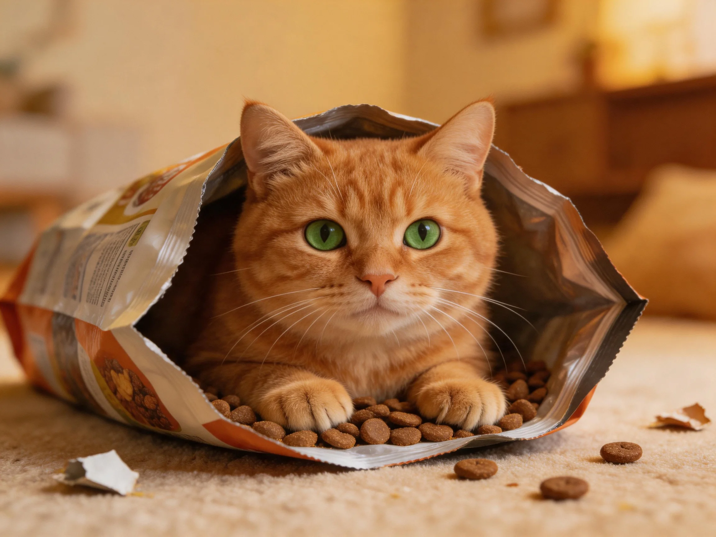 An orange cat nestled in an open pet food bag with scattered kibble