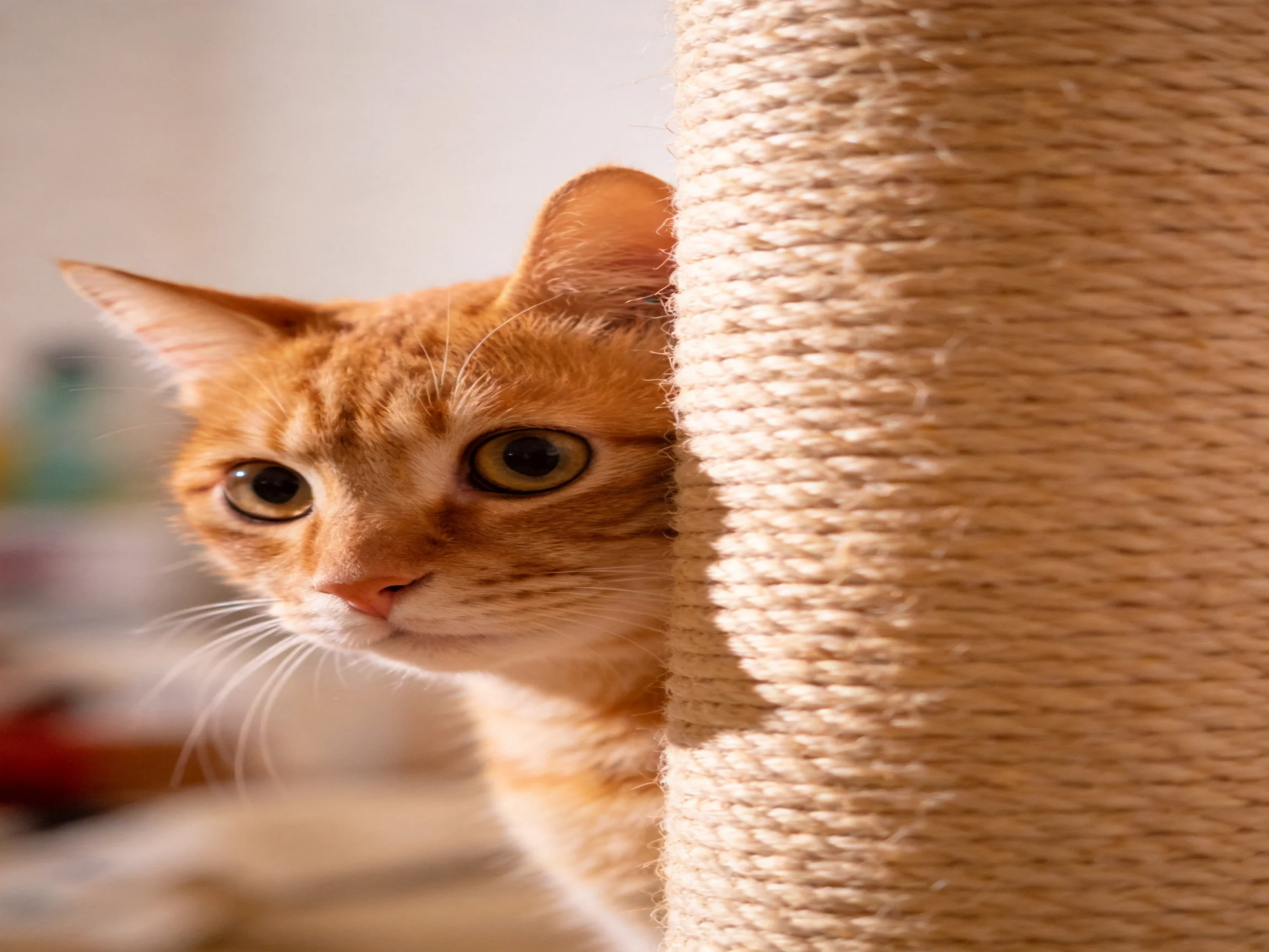 An orange cat peeks from behind a scratching post in a softly lit indoor space.