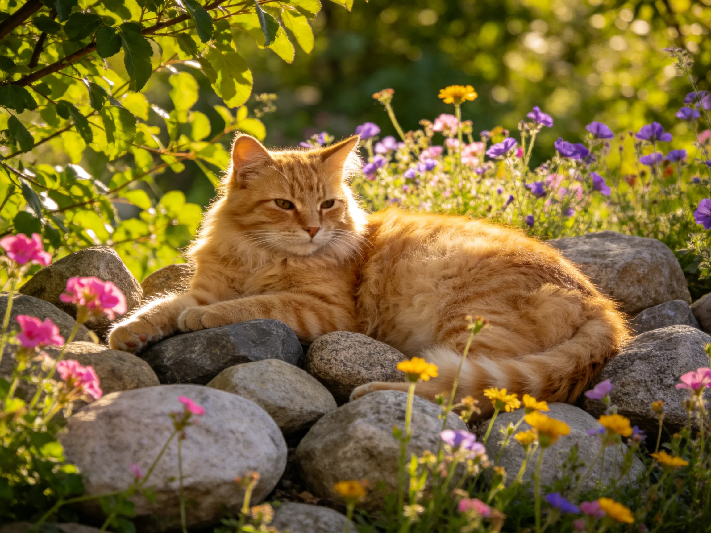 An orange cat rests among multicolored wildflowers and smooth stones