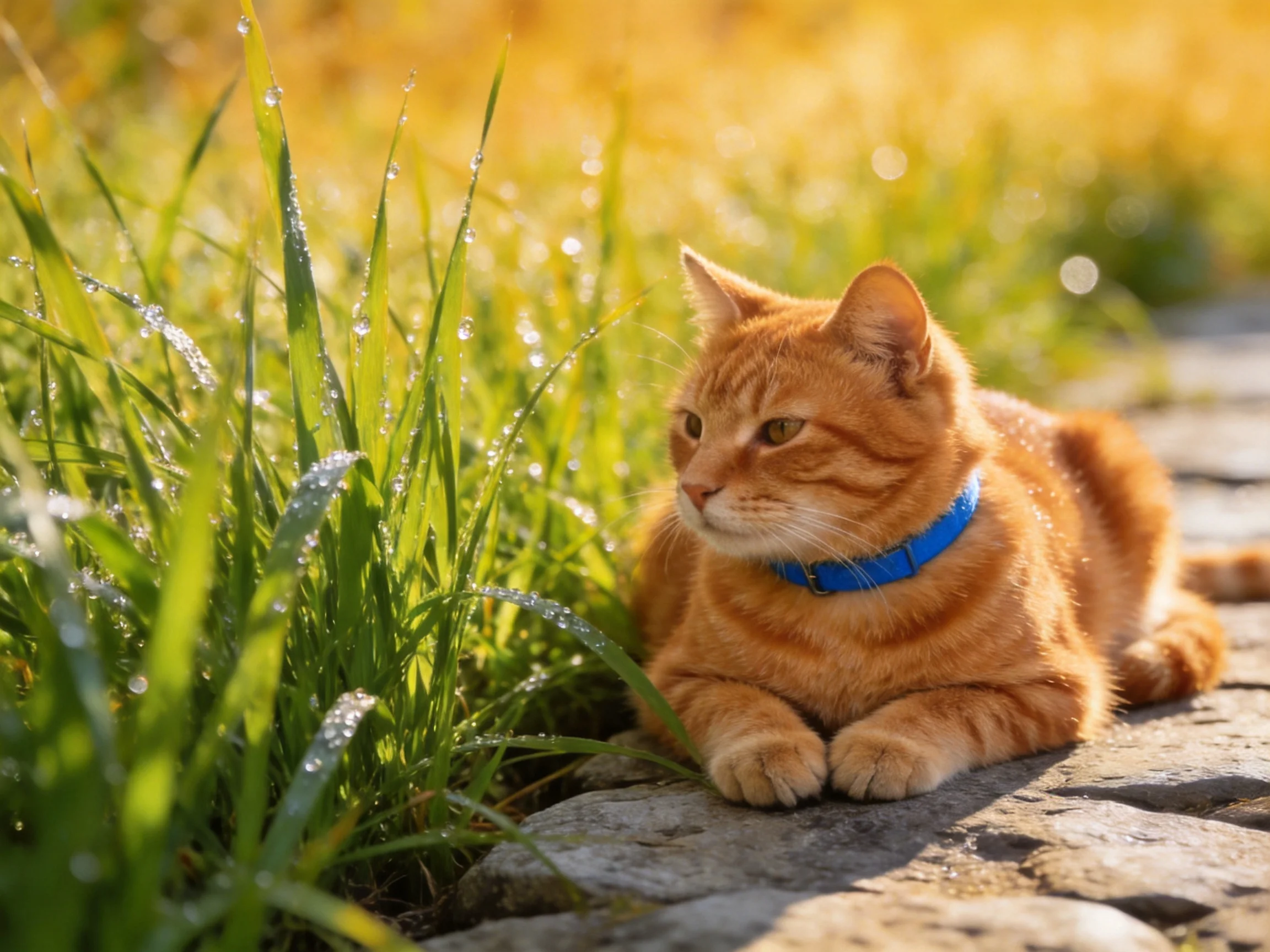 An orange cat rests near dewy green grass on a stone path