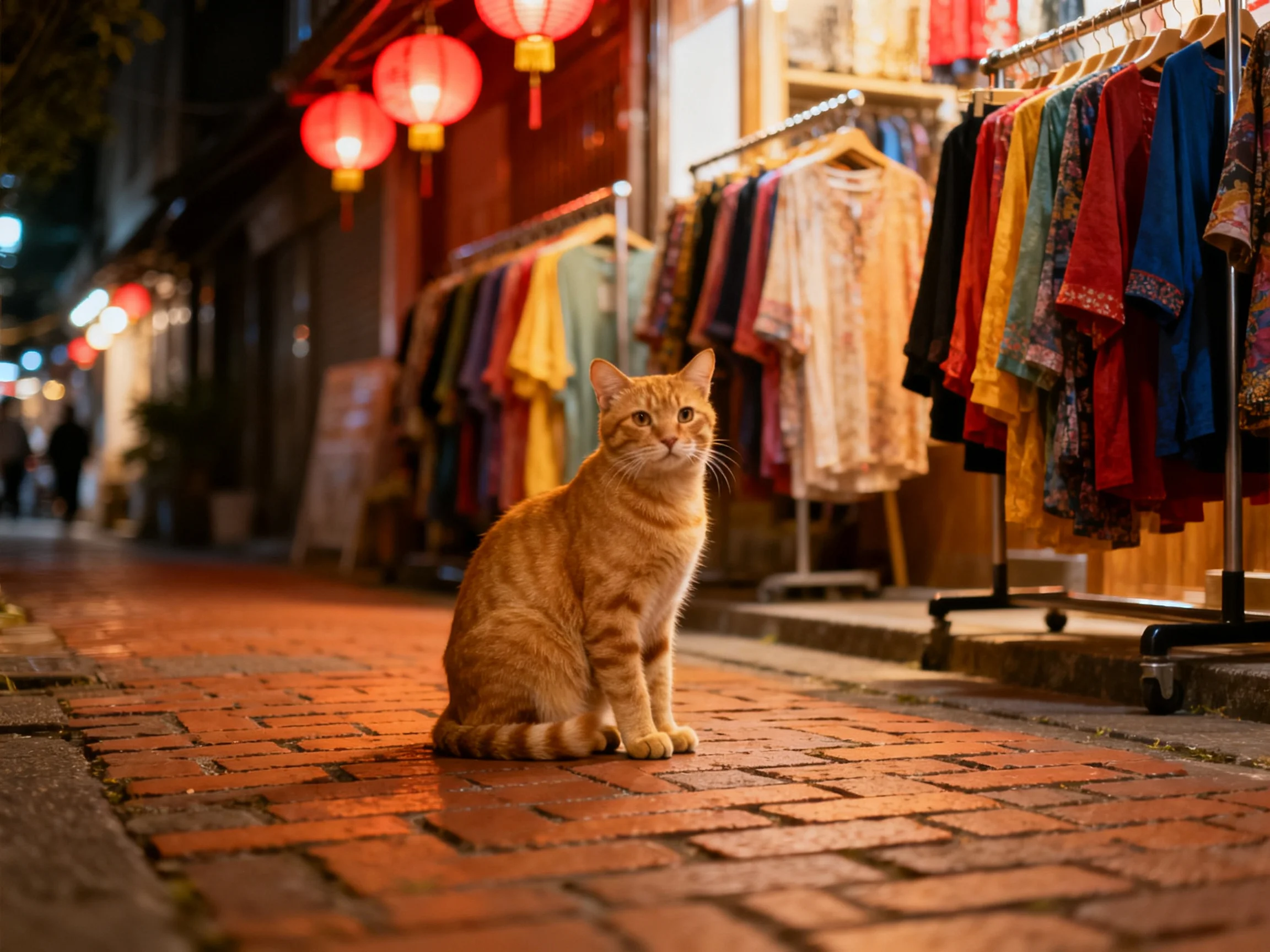 An orange cat sits on a brick street near colorful clothing racks and red lanterns