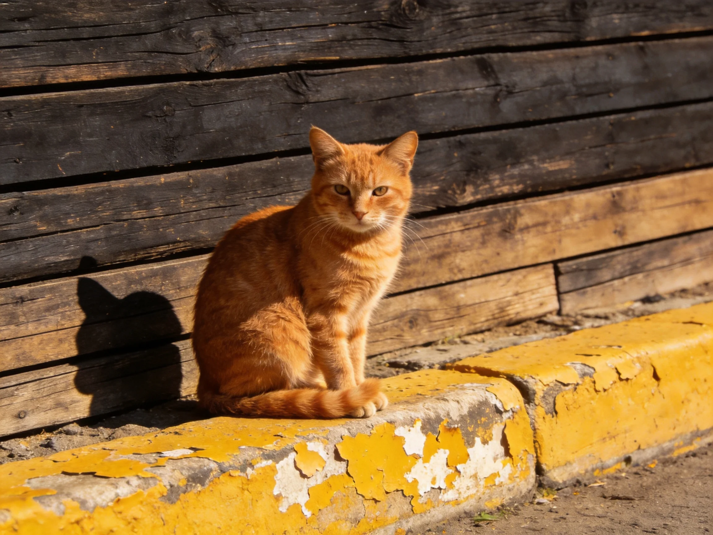 An orange cat sits on a peeling yellow curb near a dark wooden wall