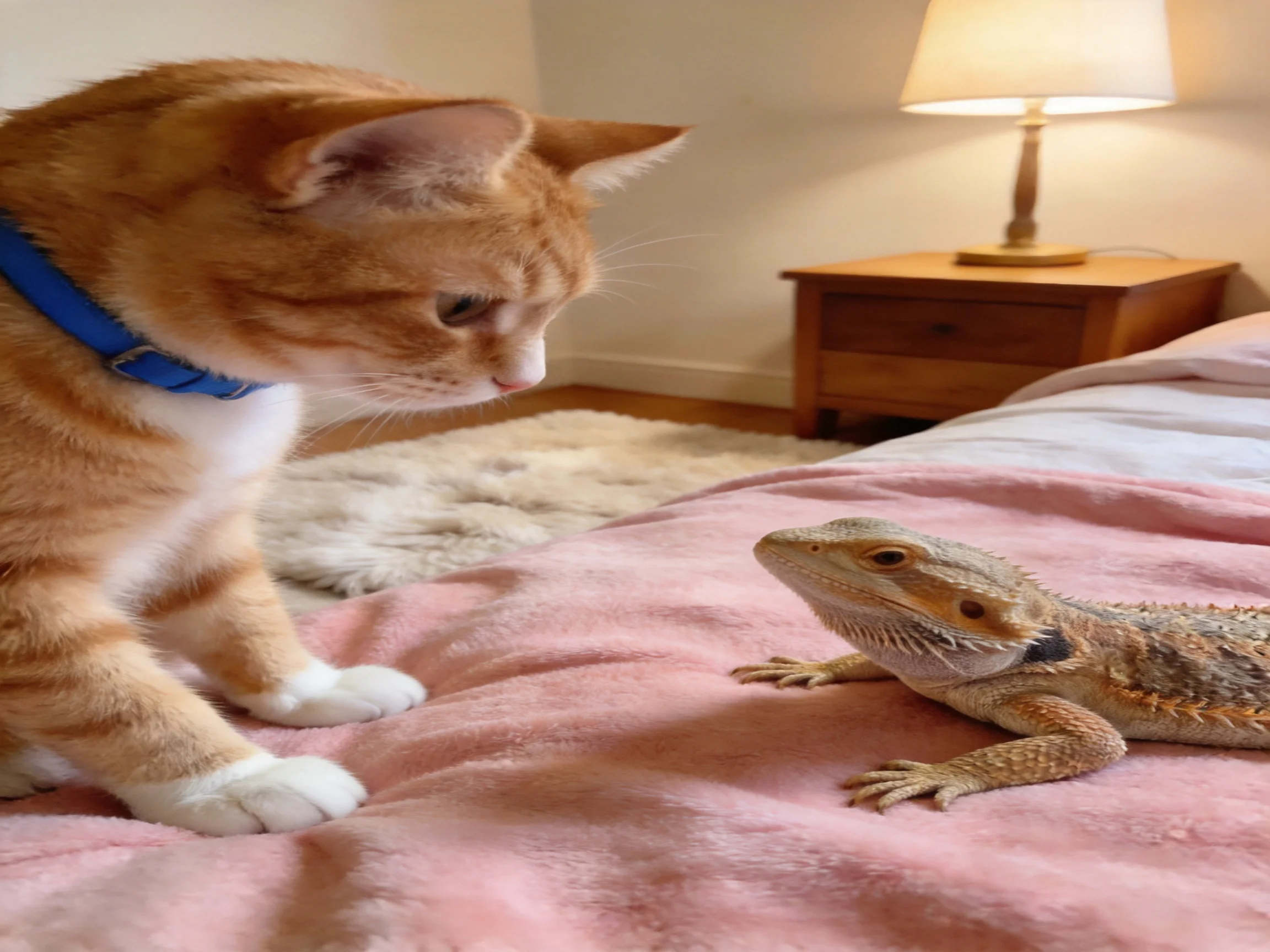 An orange cat watches a bearded dragon rest on a pink bed in a cozy room