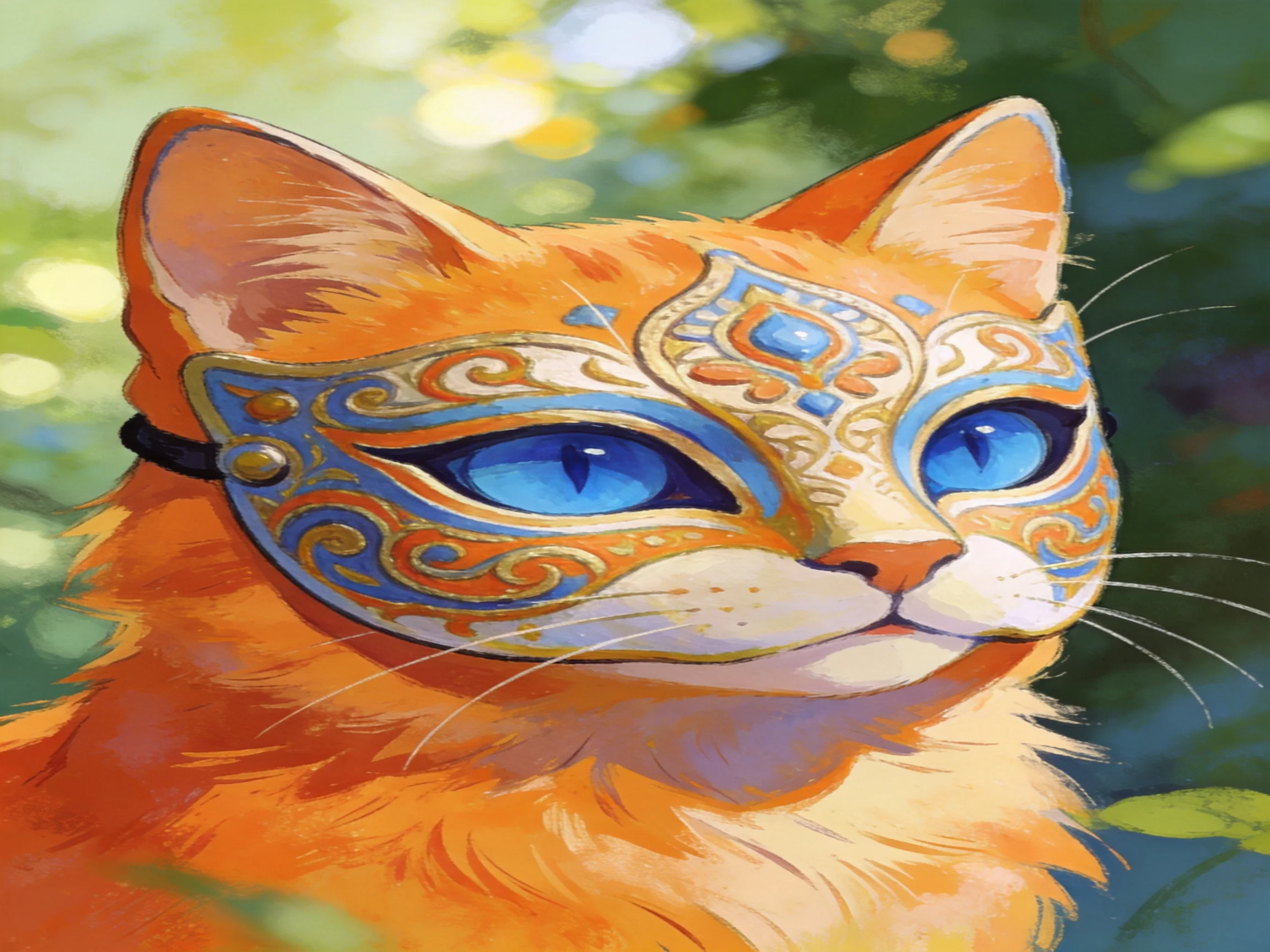 An orange cat with a decorative mask is in a sunlit, green environment.