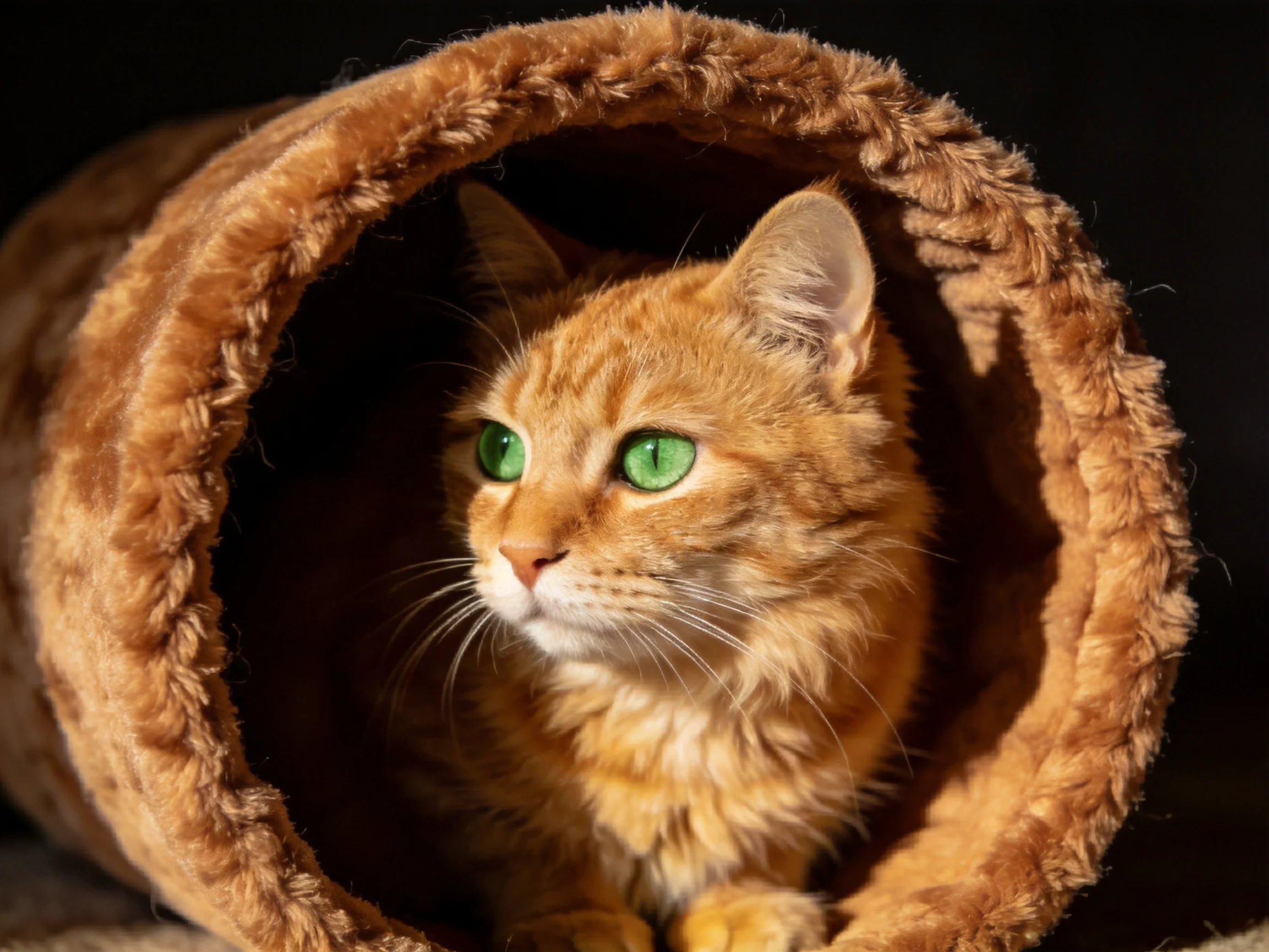 An orange cat with green eyes rests comfortably within a soft brown tunnel.
