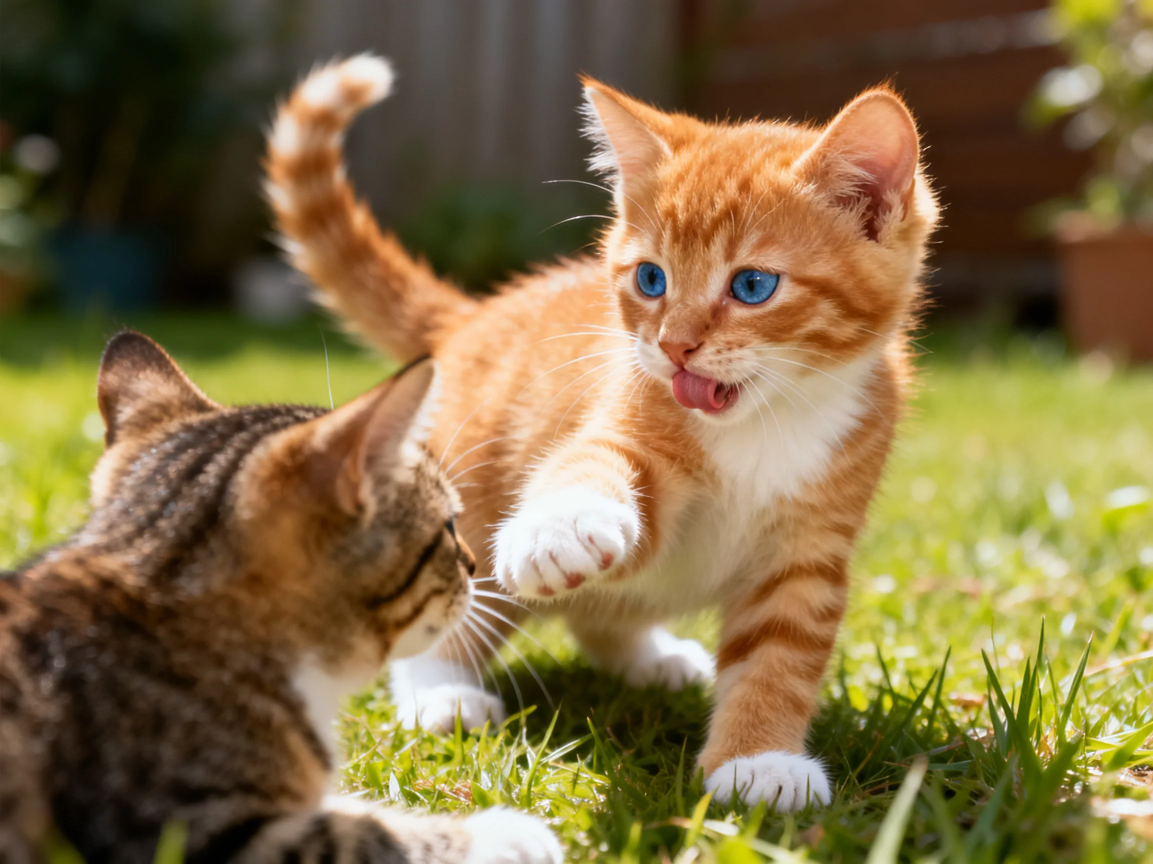 An orange kitten and tabby cat interact playfully on a grassy lawn.