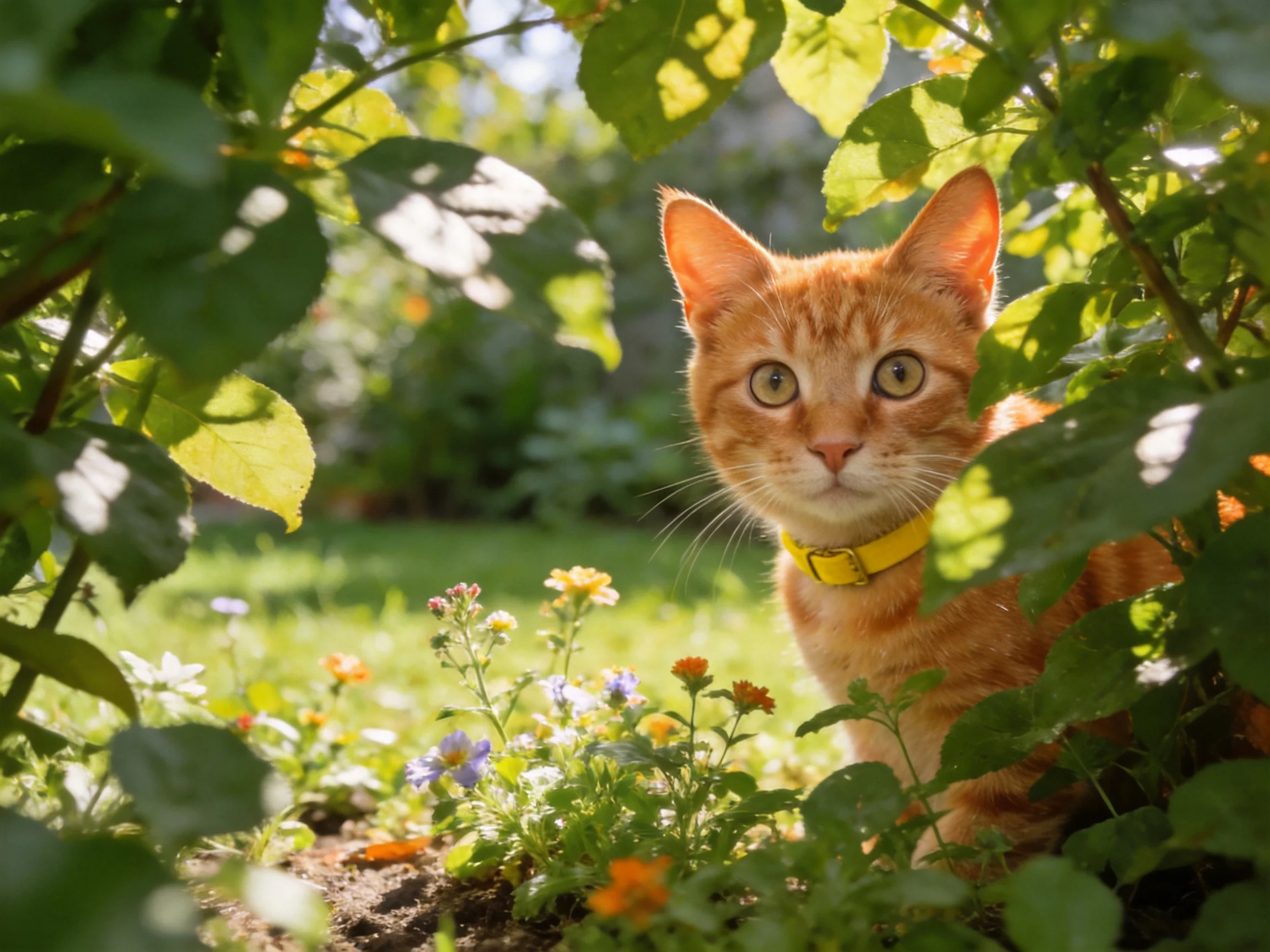 An orange kitten hides among lush green foliage and colorful blooms