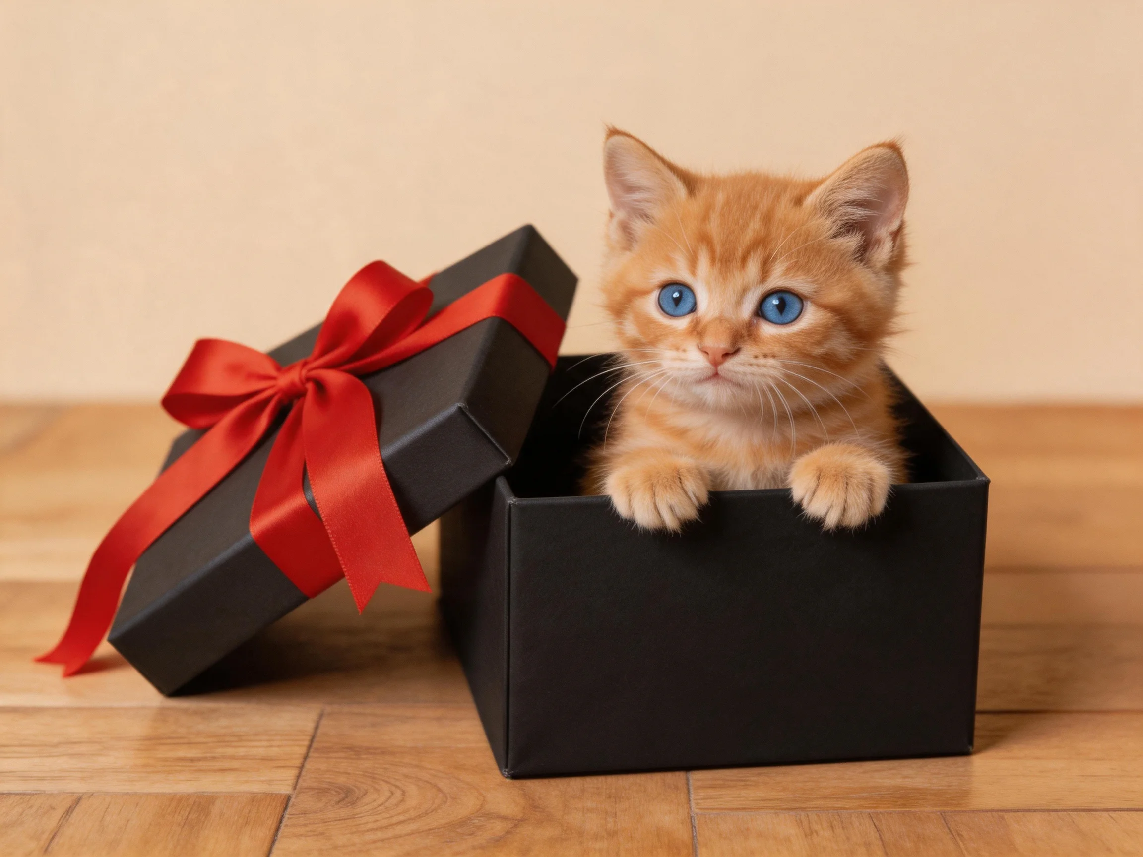 An orange kitten peeks from a black gift box with a red ribbon
