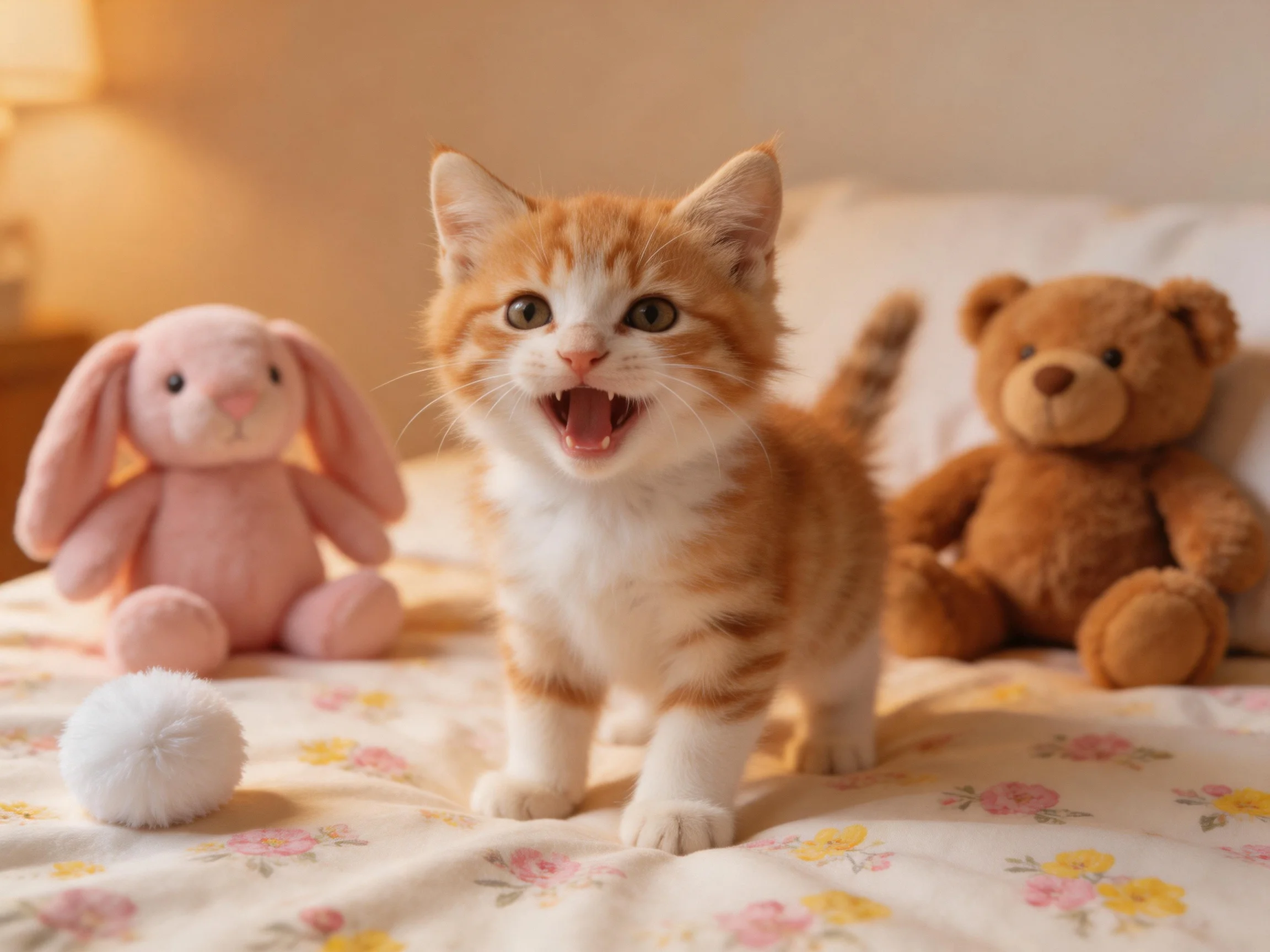 An orange kitten plays beside a pink stuffed bunny and brown teddy bear on a floral bedspread