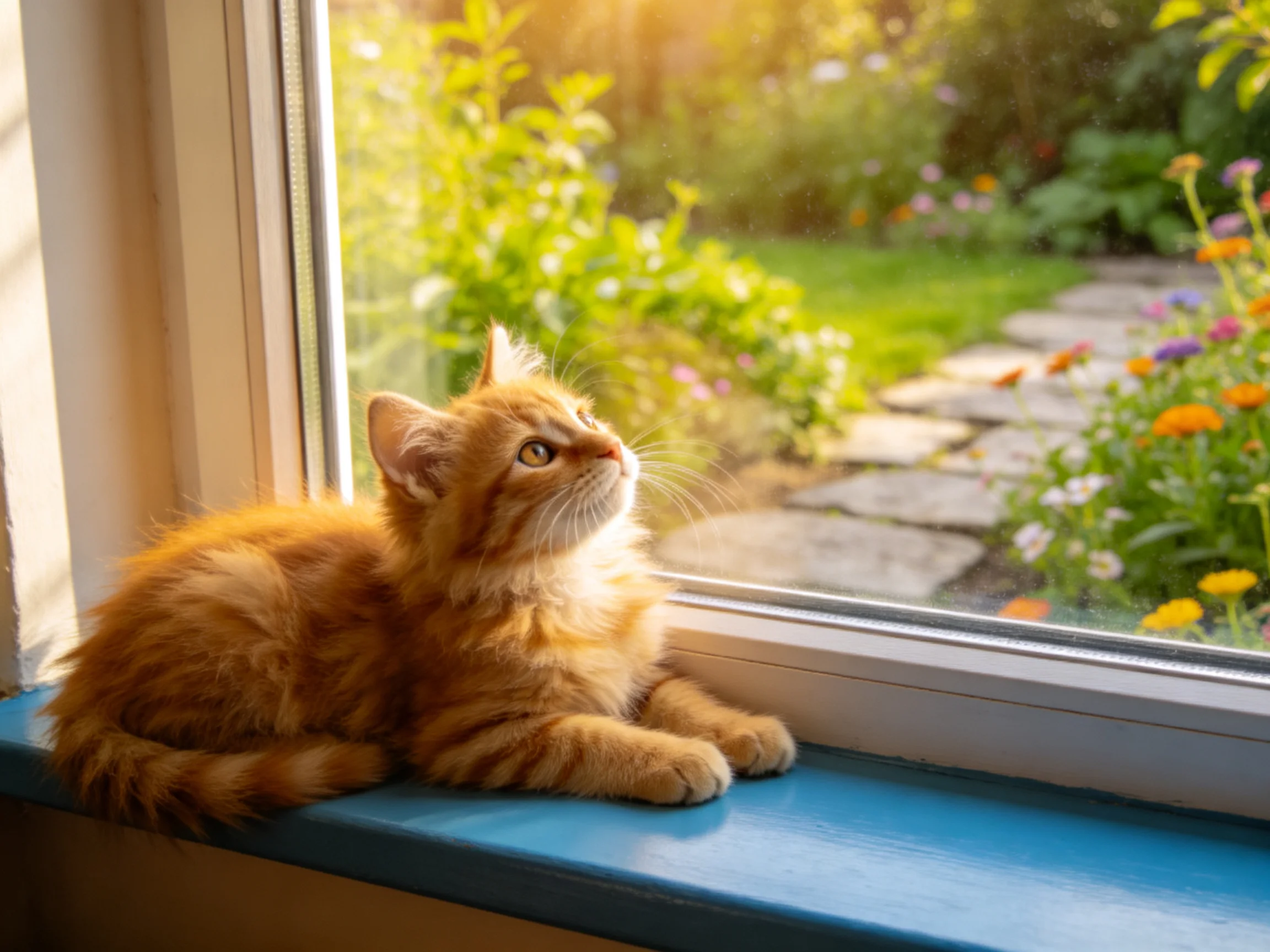 An orange kitten rests on a blue windowsill overlooking a flower - filled garden