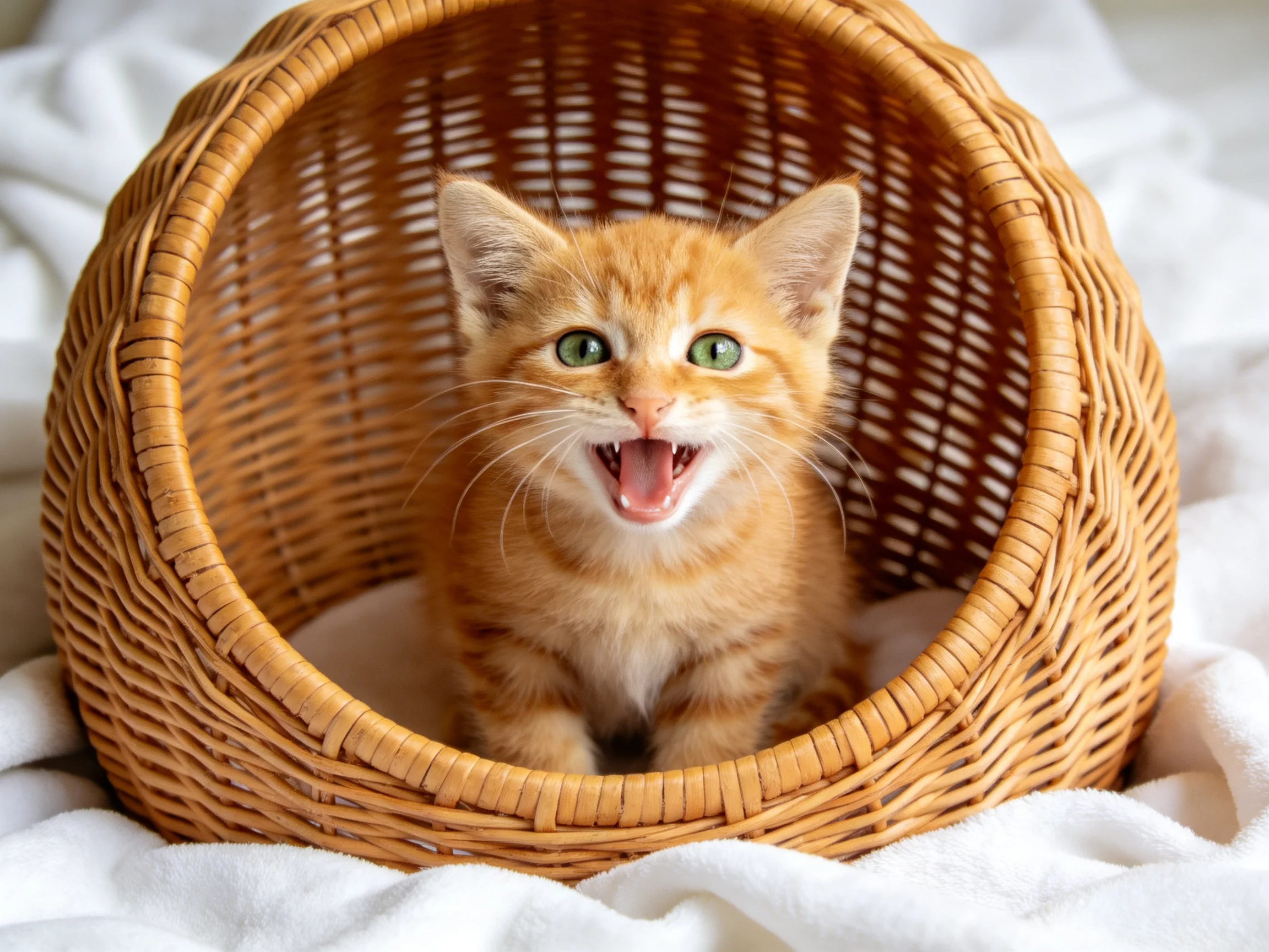 An orange kitten sits inside a round wicker basket on white fabric