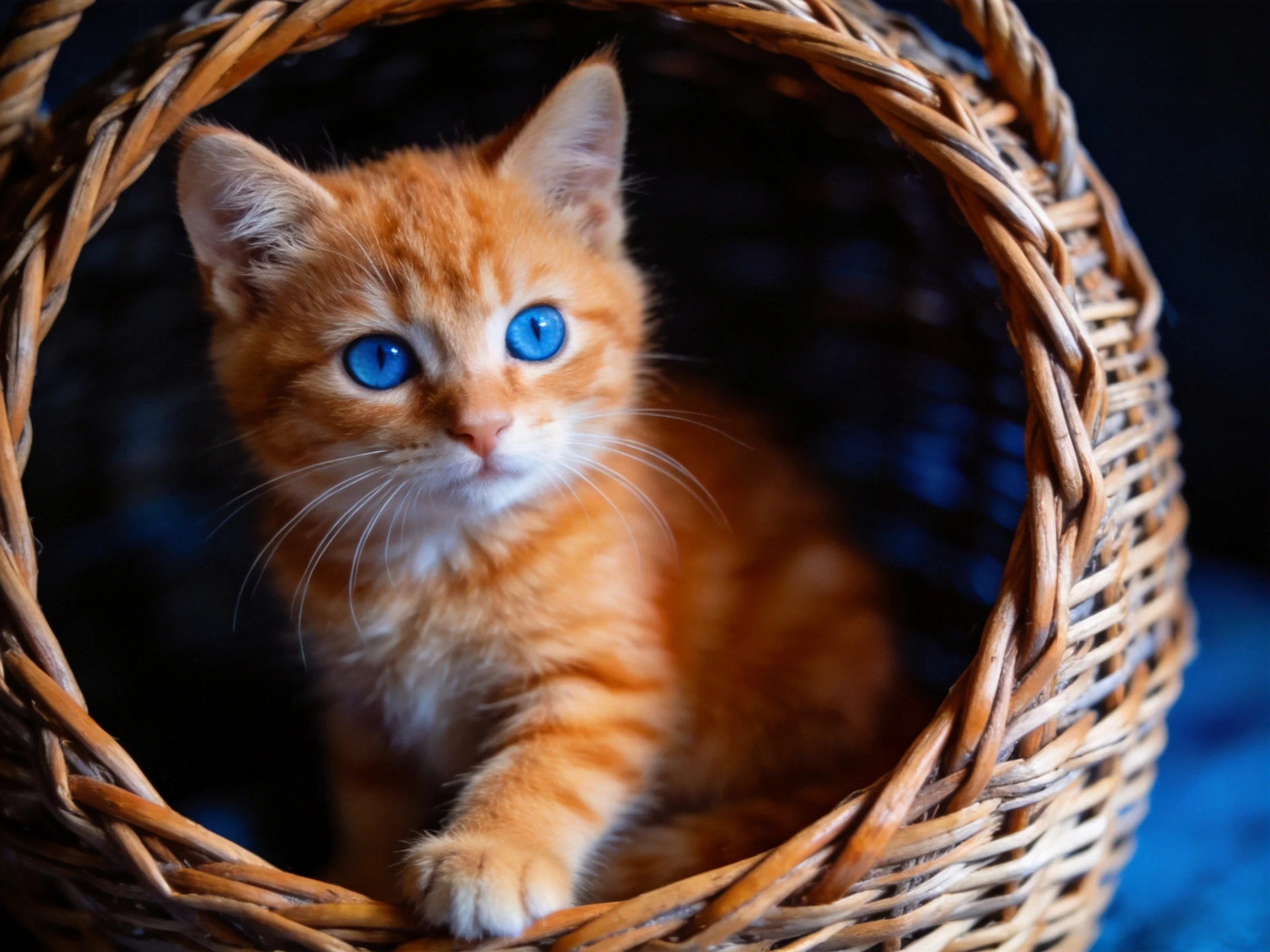 An orange kitten with blue eyes sits inside a woven wicker basket.