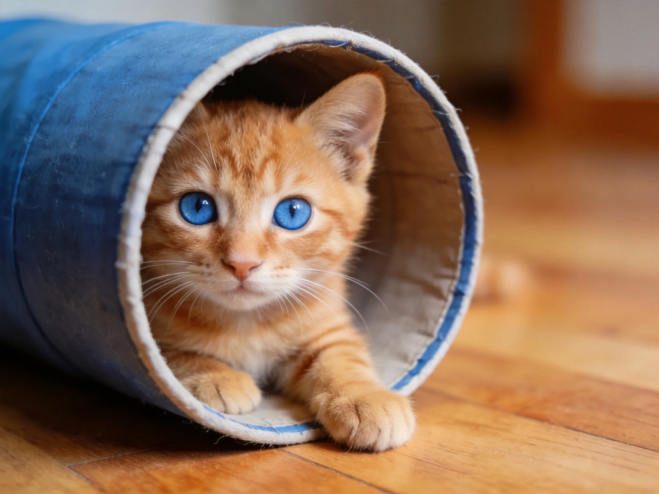 An orange kitten with blue eyes peeks from a blue fabric tunnel.