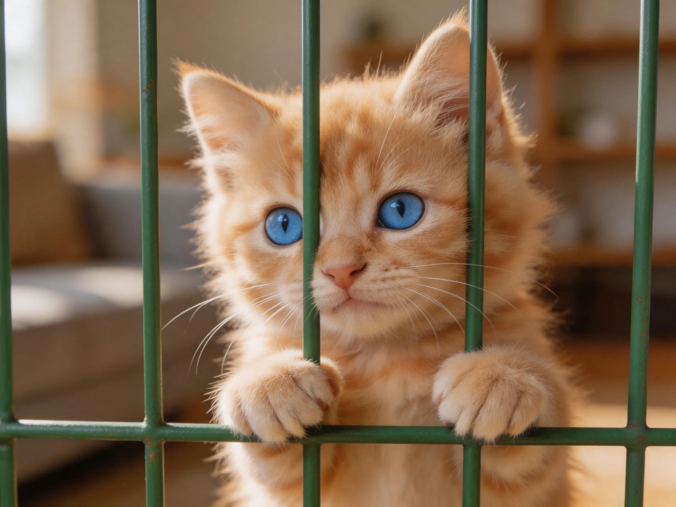 An orange kitten with blue eyes looks through green metal bars.