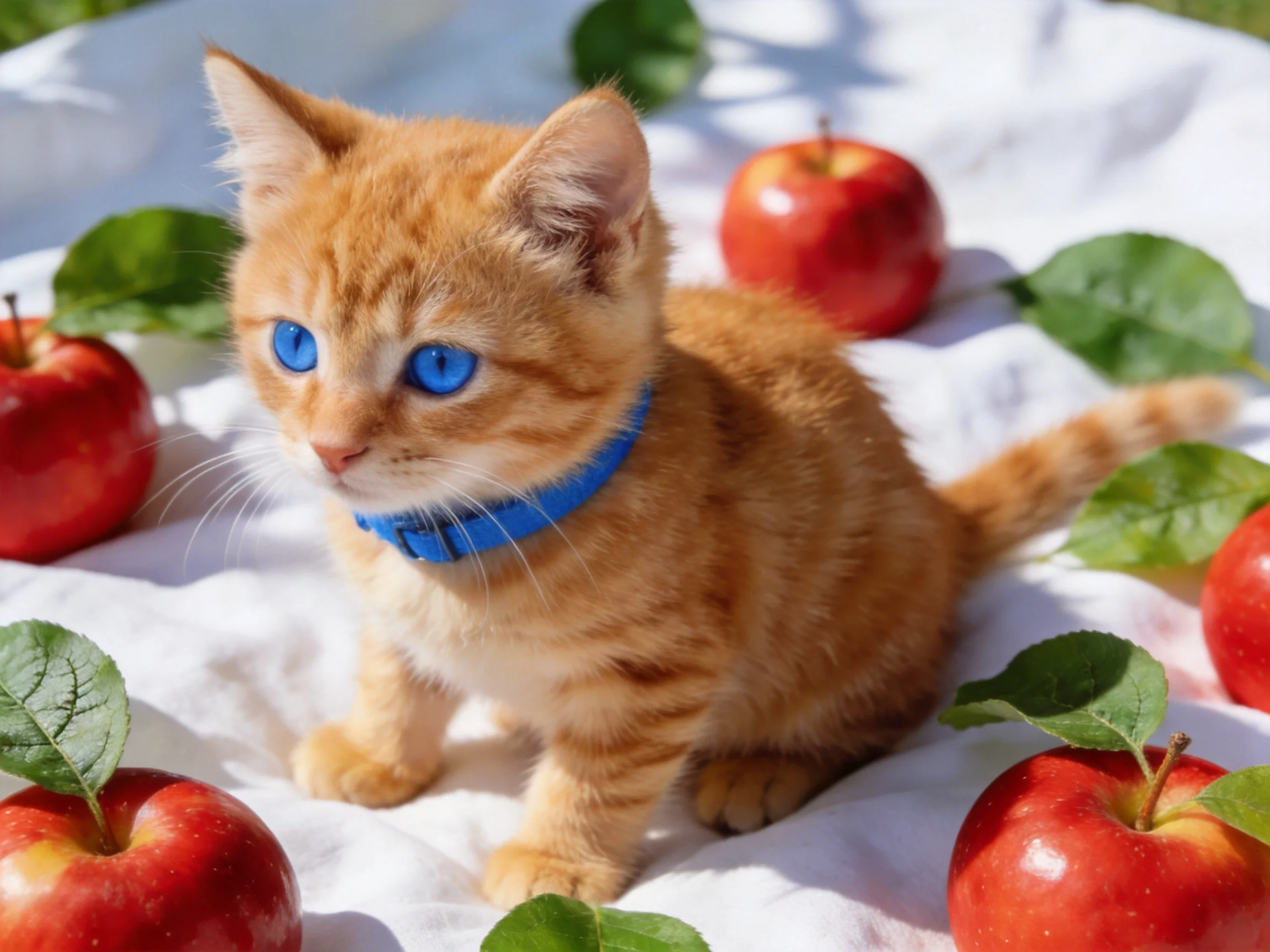 An orange kitten withblue eyes sits among red apples on a white cloth