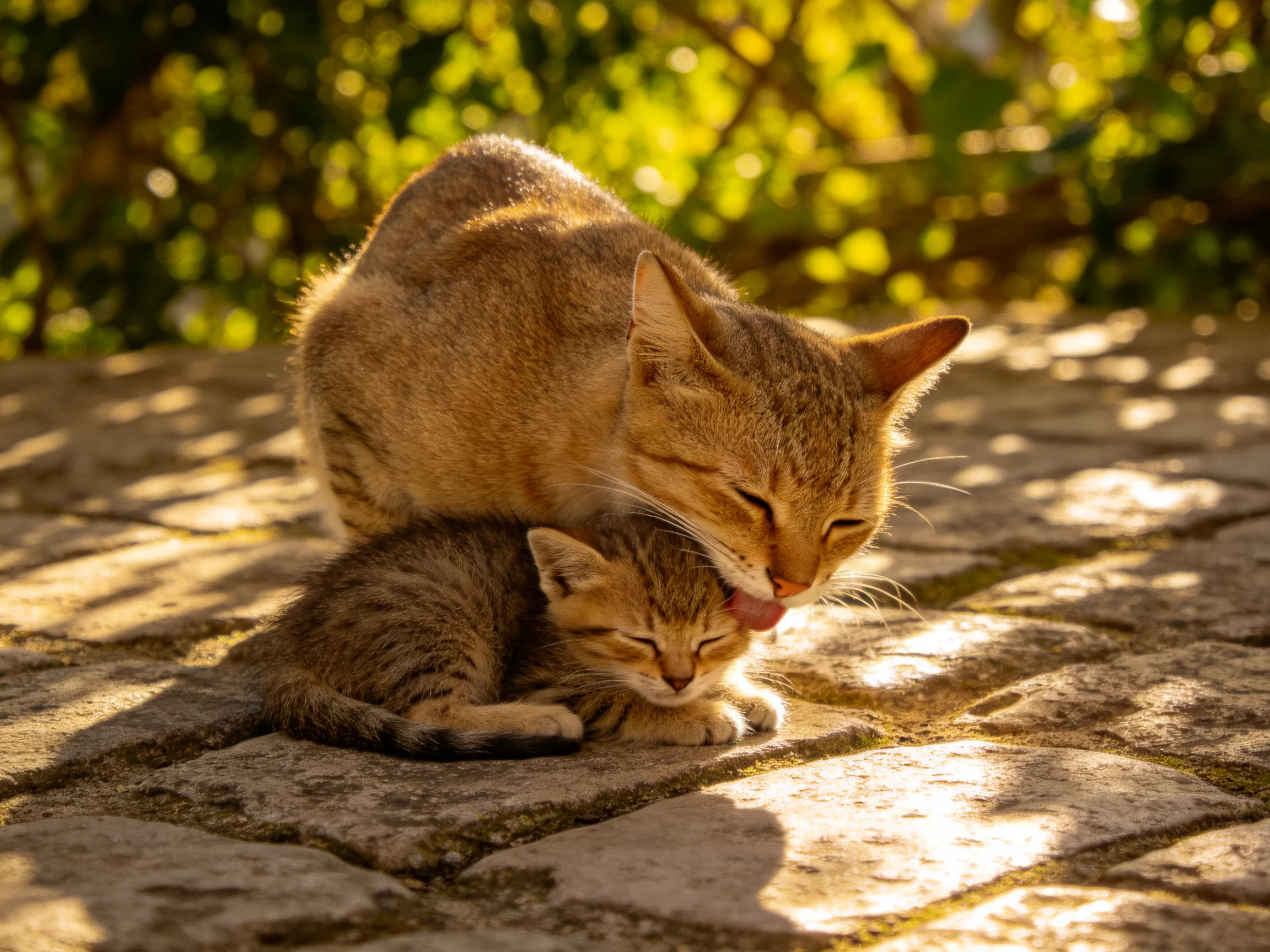 An orange mother cat grooms her tabby kitten on sunlit stone pavement