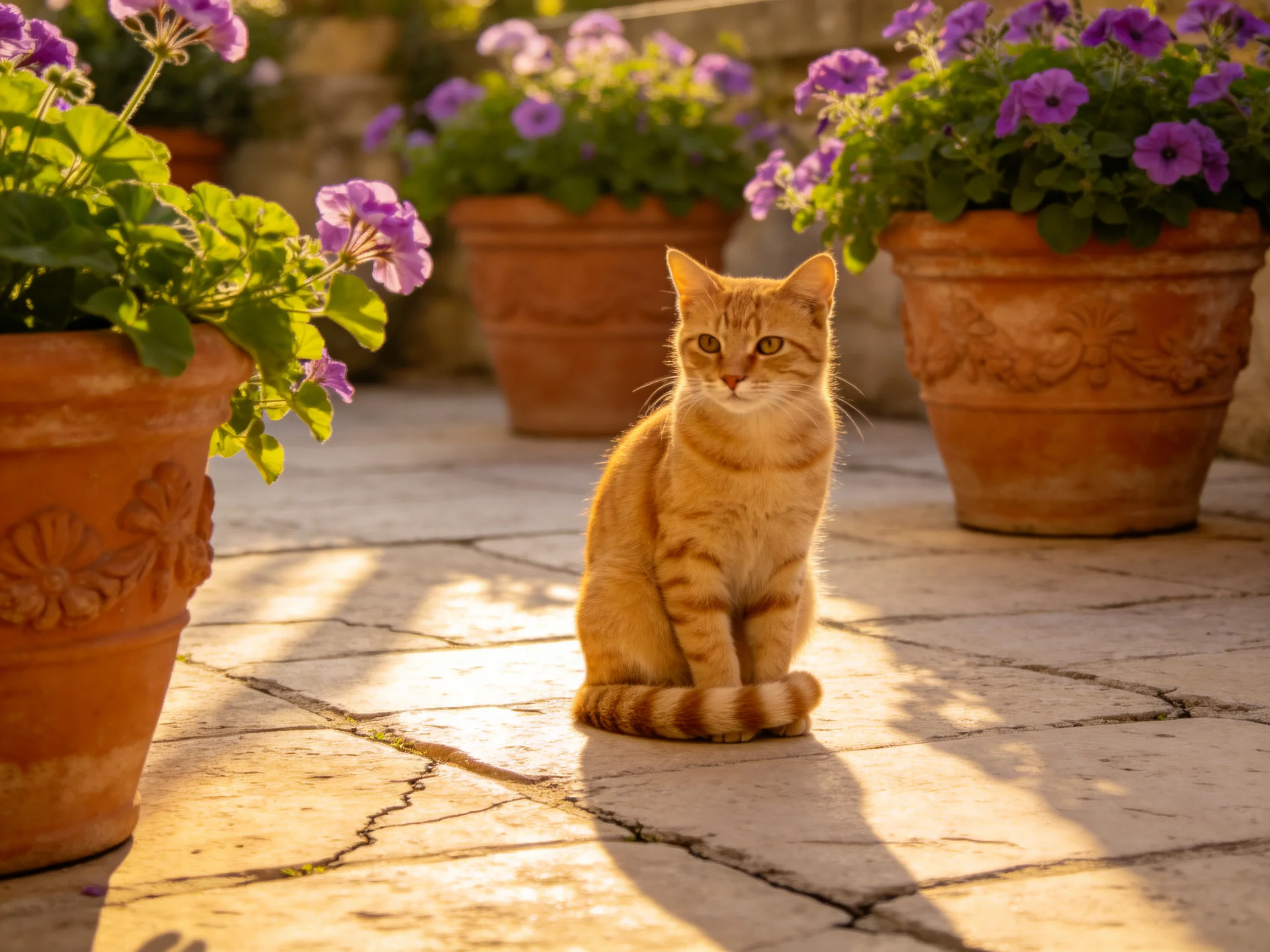 An orange tabby cat amid terracotta pots with purple flowers on a stone patio