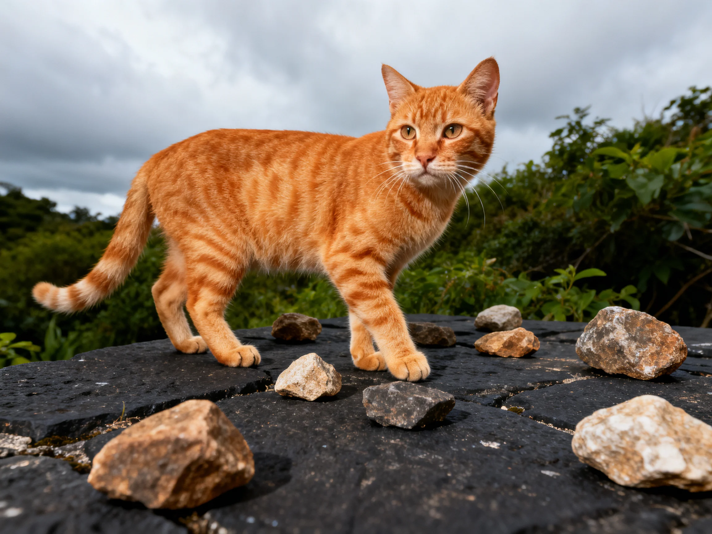 An orange tabby cat among scattered stones on a dark surface