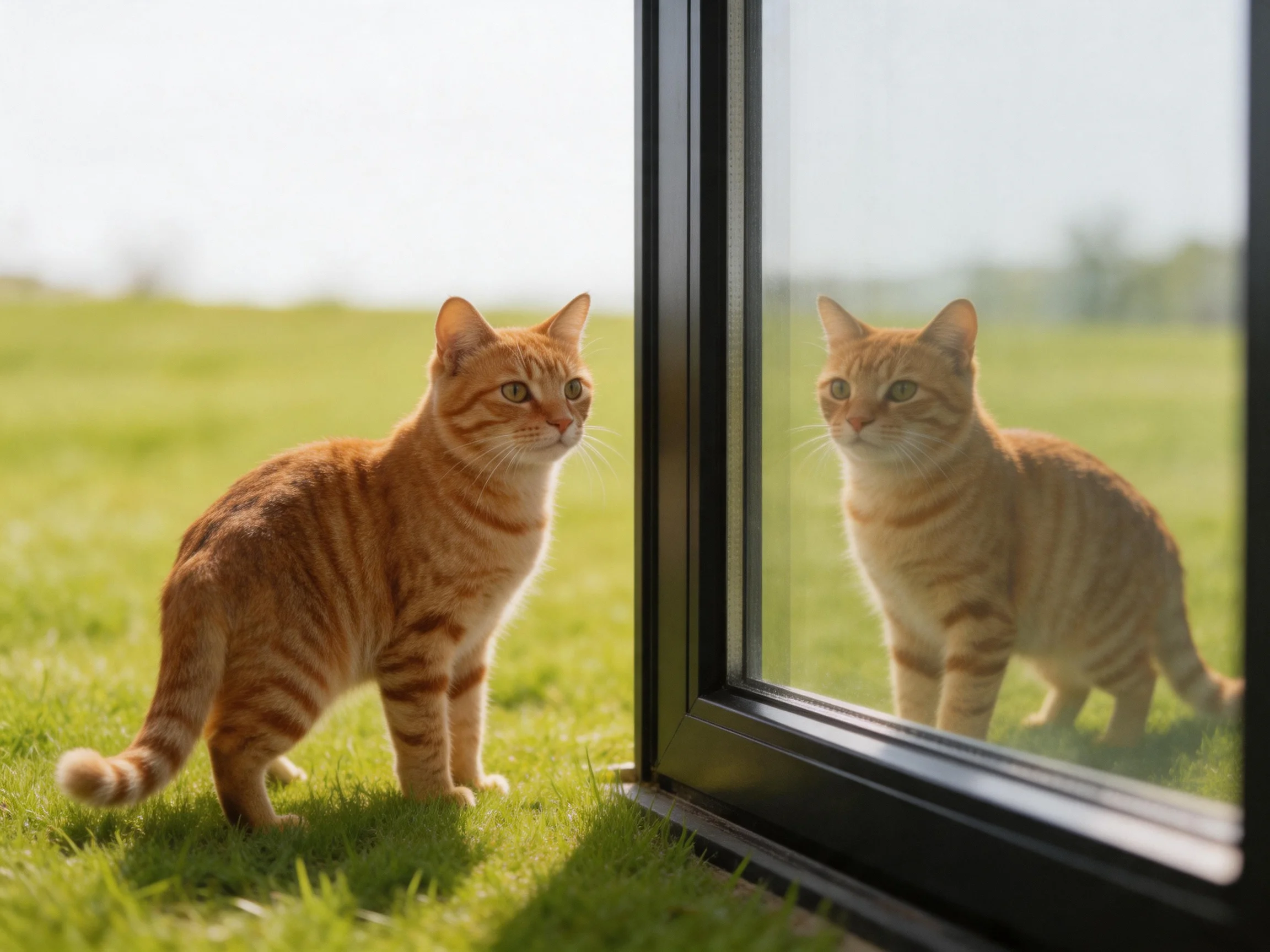 An orange tabby cat stands near a glass panel reflecting its image on green grass.