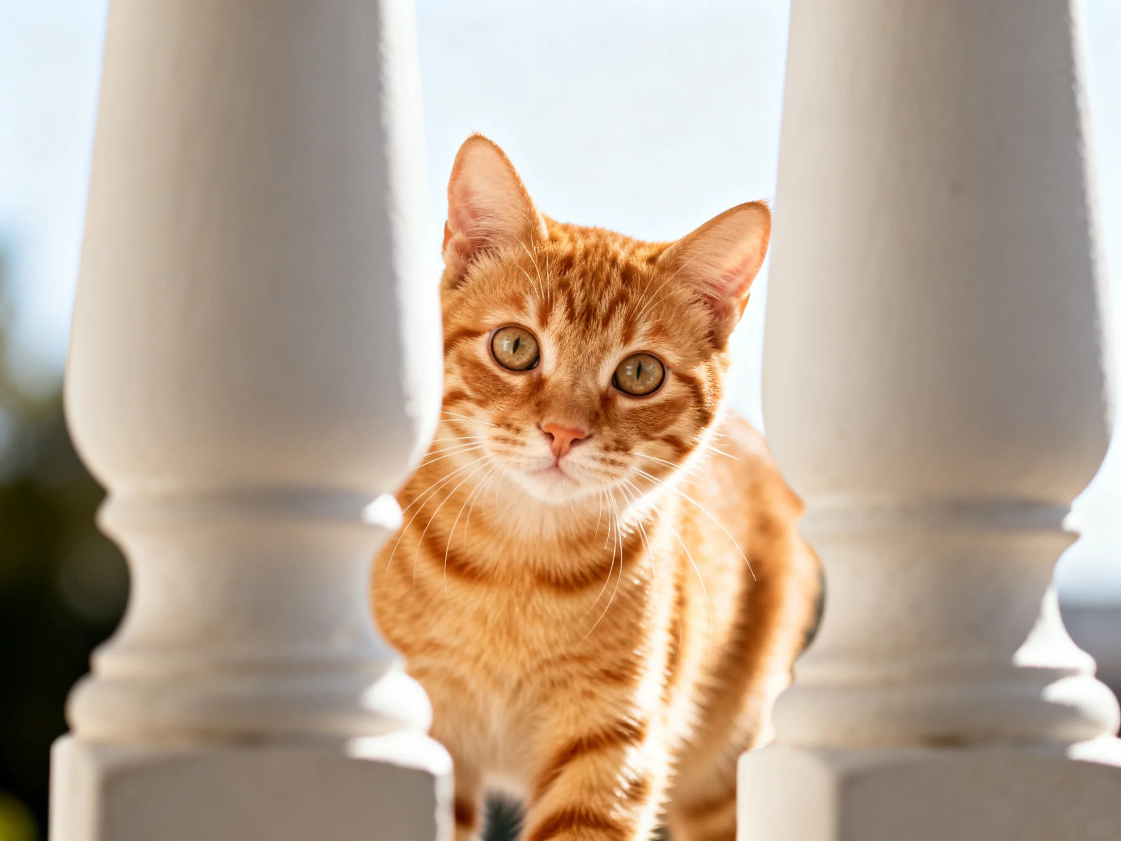 An orange tabby cat stands between white pillars in a sunlit area.